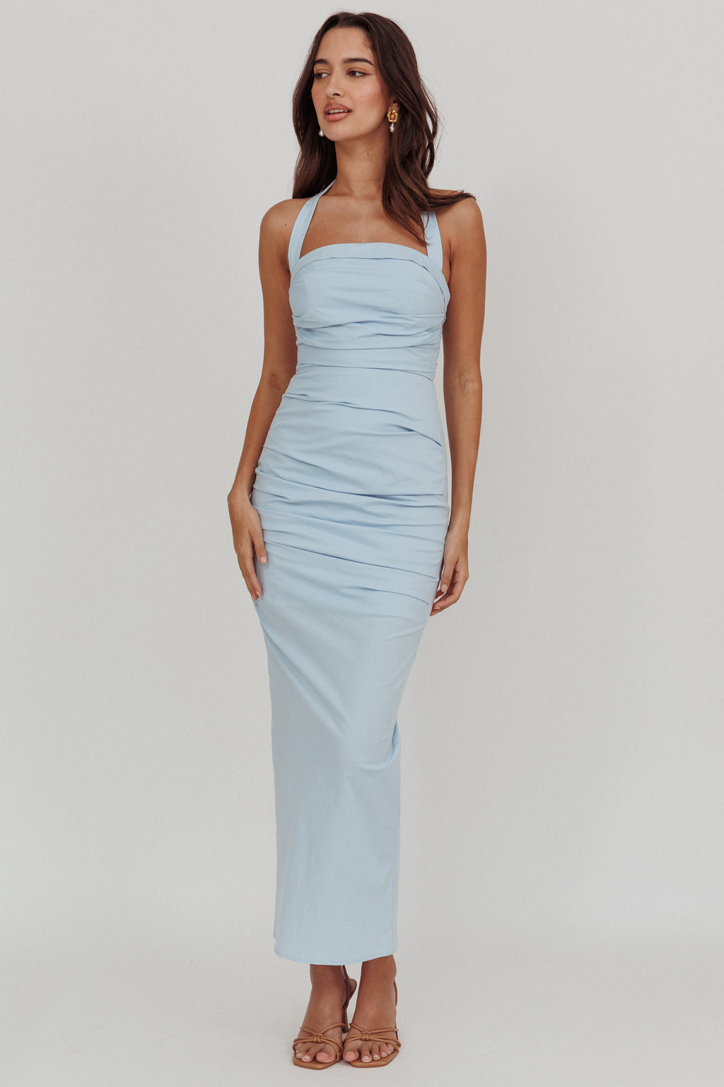 Scout Halterneck Ruched Maxi Dress Blue by Selfie Leslie