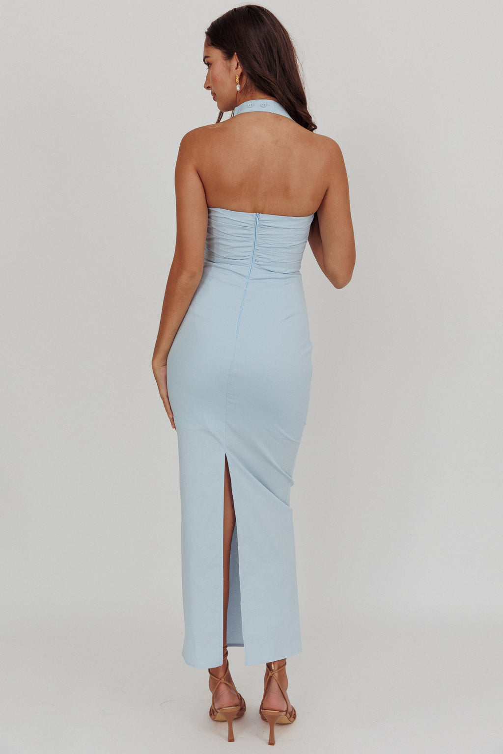 Scout Halterneck Ruched Maxi Dress Blue by Selfie Leslie