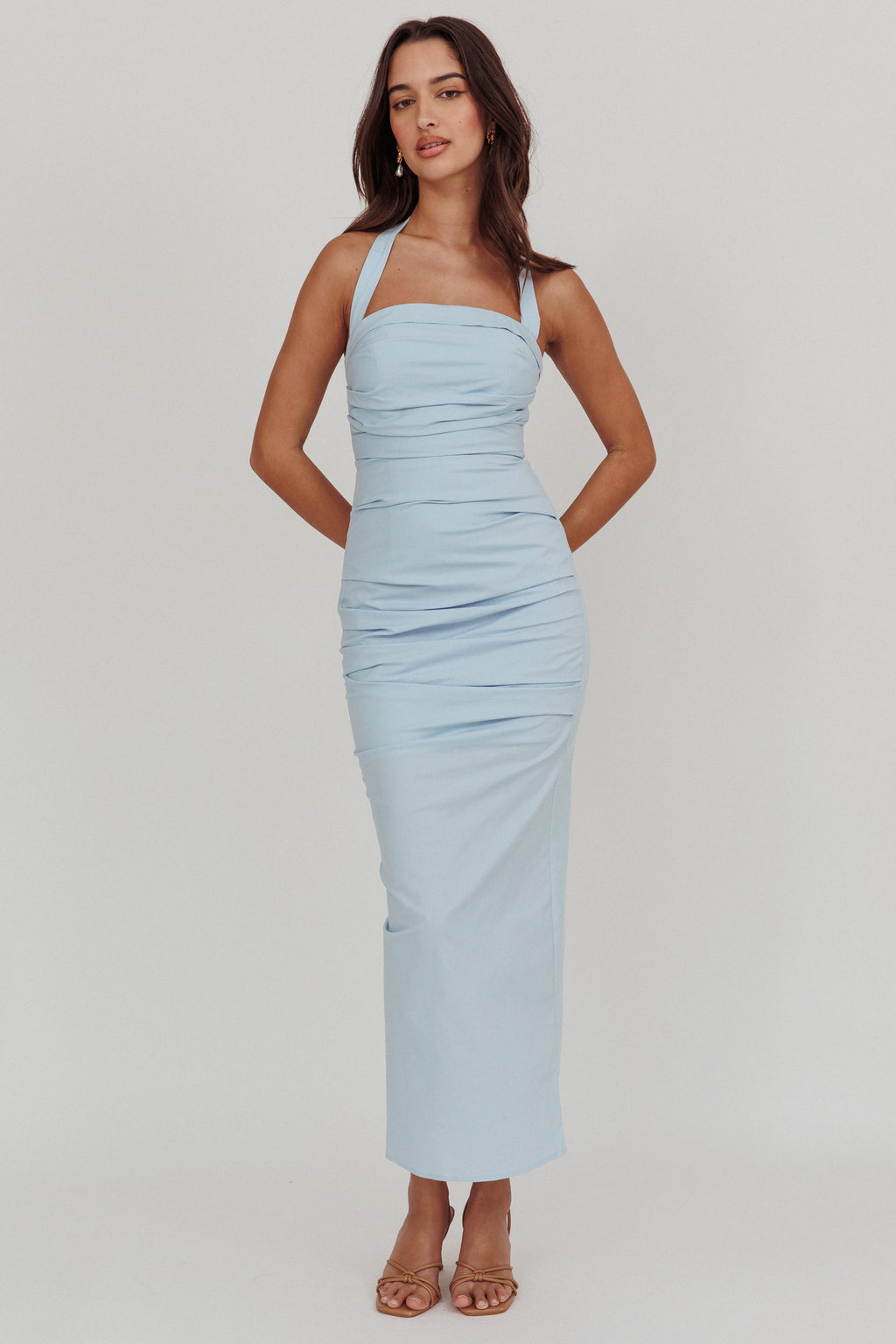 Scout Halterneck Ruched Maxi Dress Blue by Selfie Leslie
