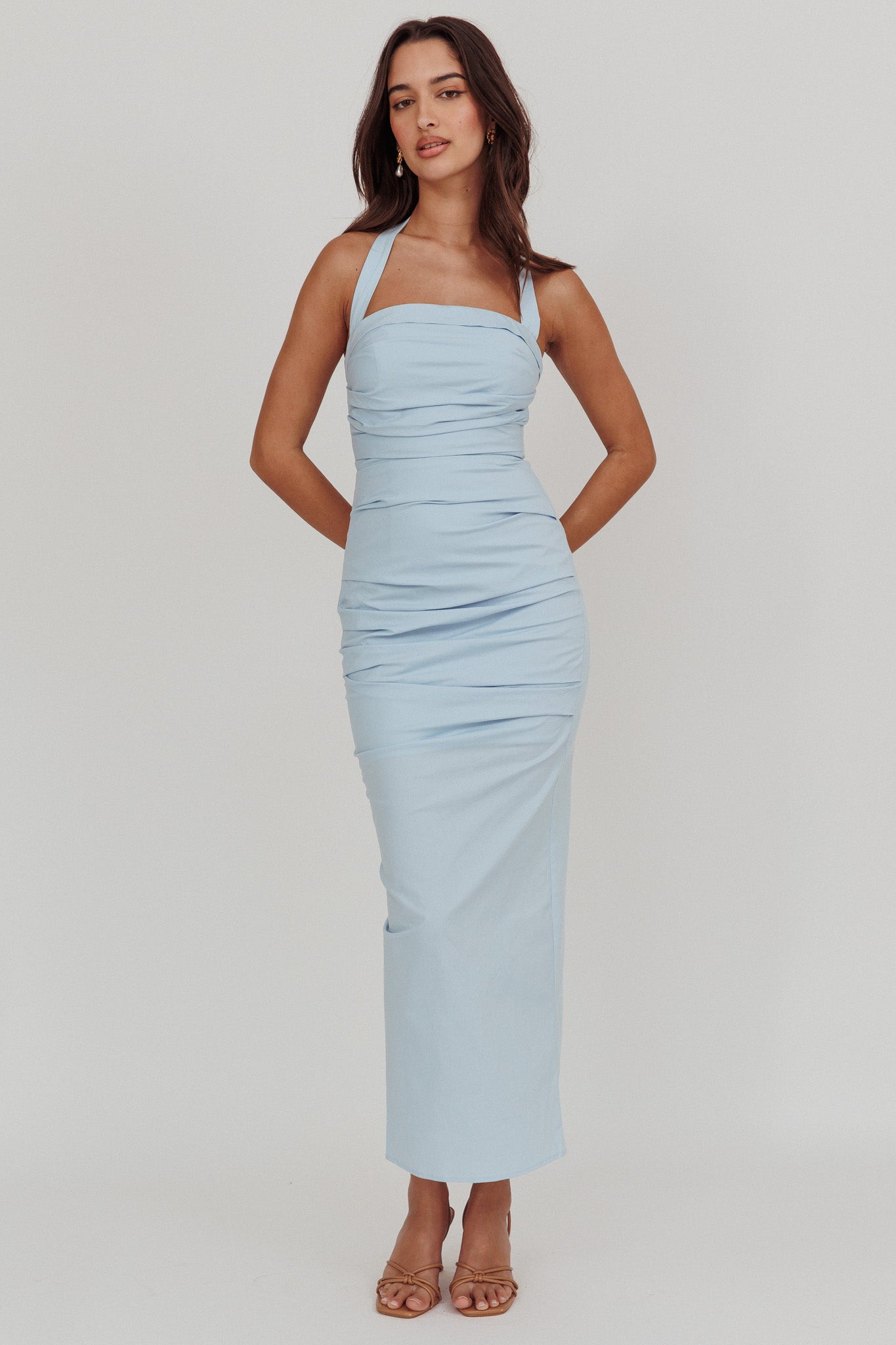 Scout Halterneck Ruched Maxi Dress Blue by Selfie Leslie