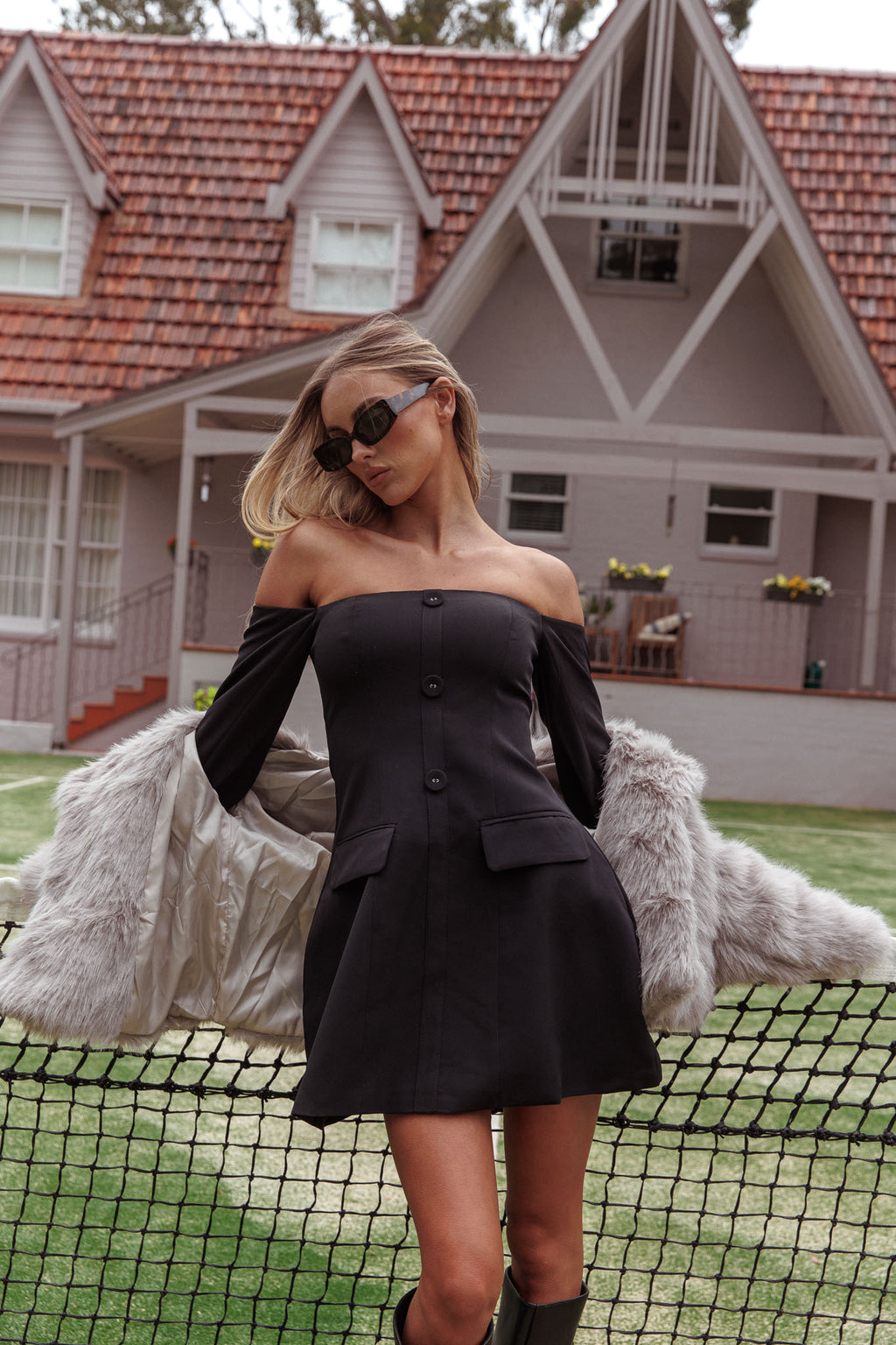 Cherry Wine Off Shoulder Mini Dress Black - XS Cherry Wine Off Shoulder Mini Dress Black - XS