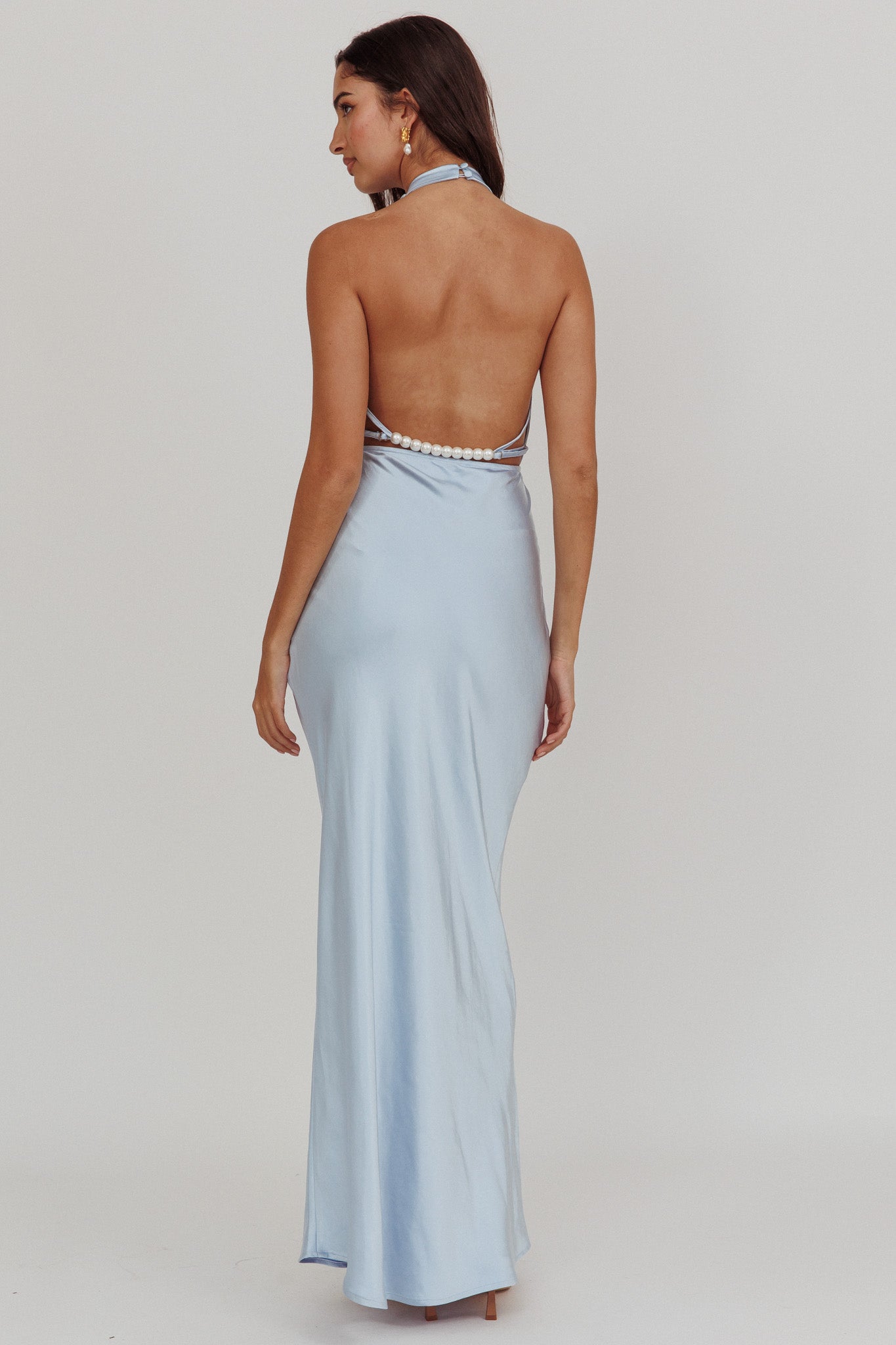 Gelato Pearl Strap Halter Maxi Dress Blue Gelato Pearl Strap Halter Maxi Dress Blue