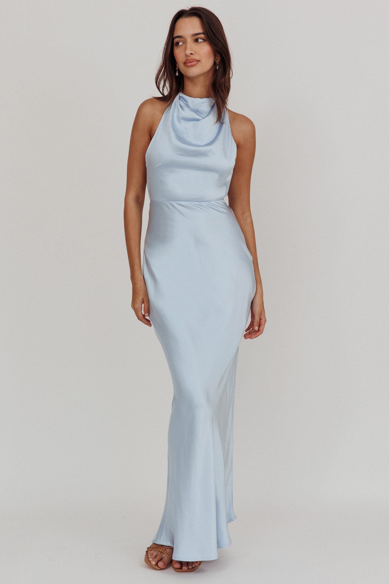 Gelato Pearl Strap Halter Maxi Dress Blue by Selfie Leslie