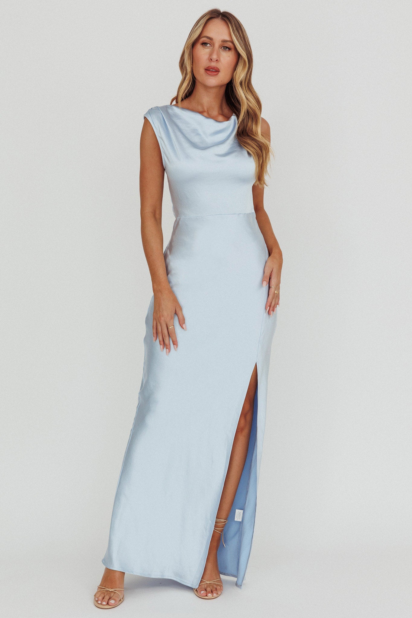 Jinora Cowl Neck Leg Slit Satin Maxi Dress Blue by Selfie Leslie