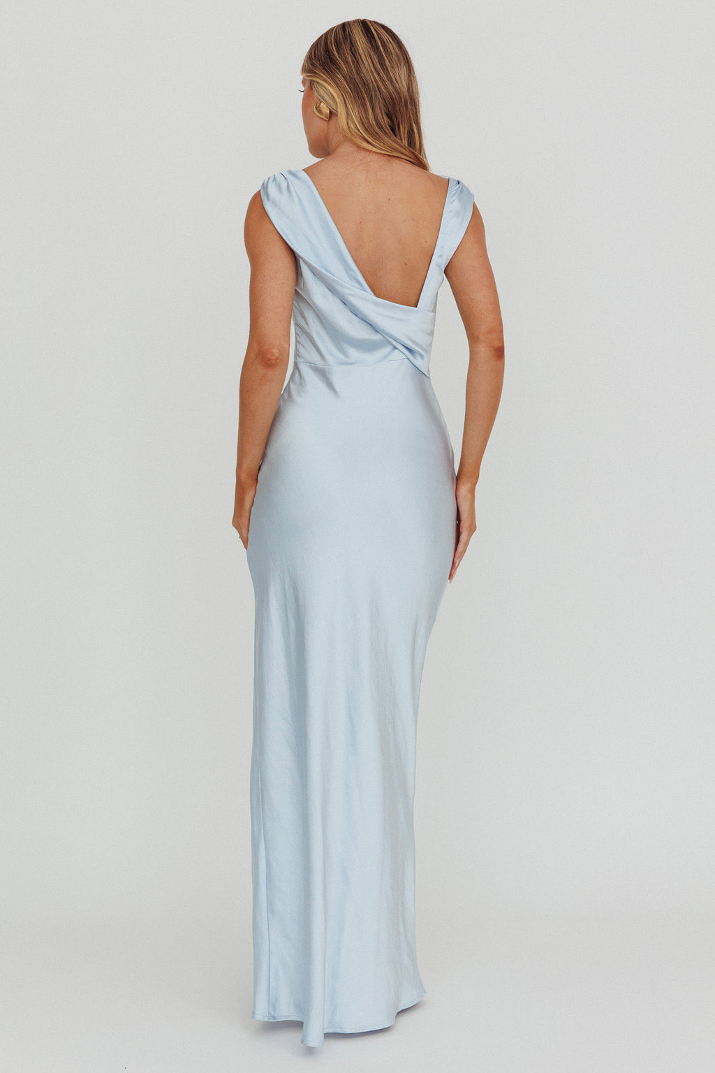 Jinora Cowl Neck Leg Slit Satin Maxi Dress Blue by Selfie Leslie