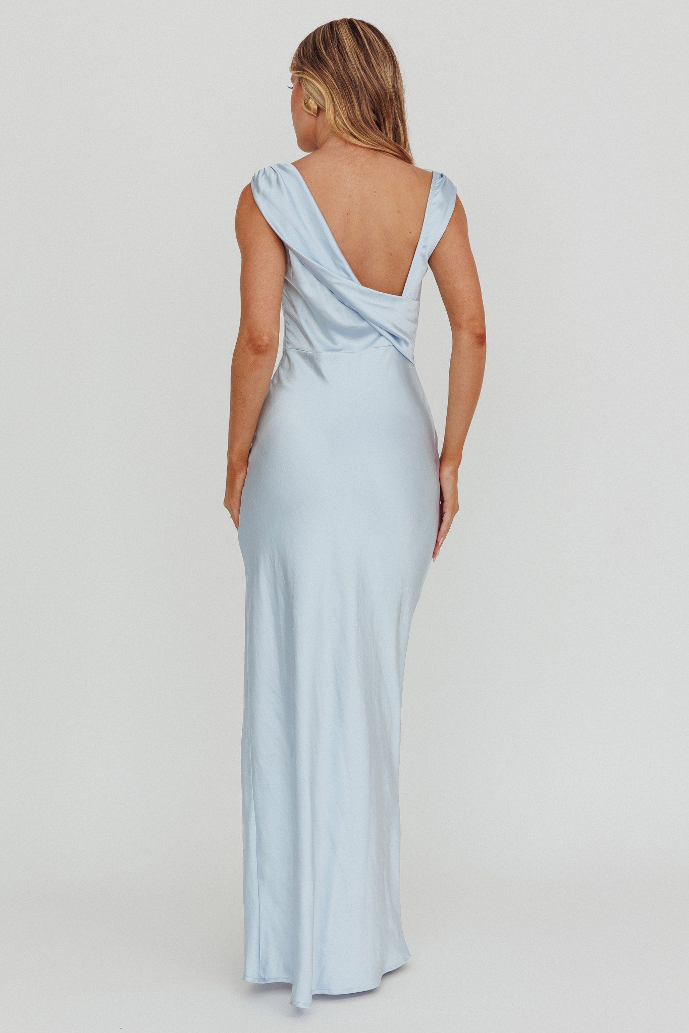 Jinora Cowl Neck Leg Slit Satin Maxi Dress Blue by Selfie Leslie