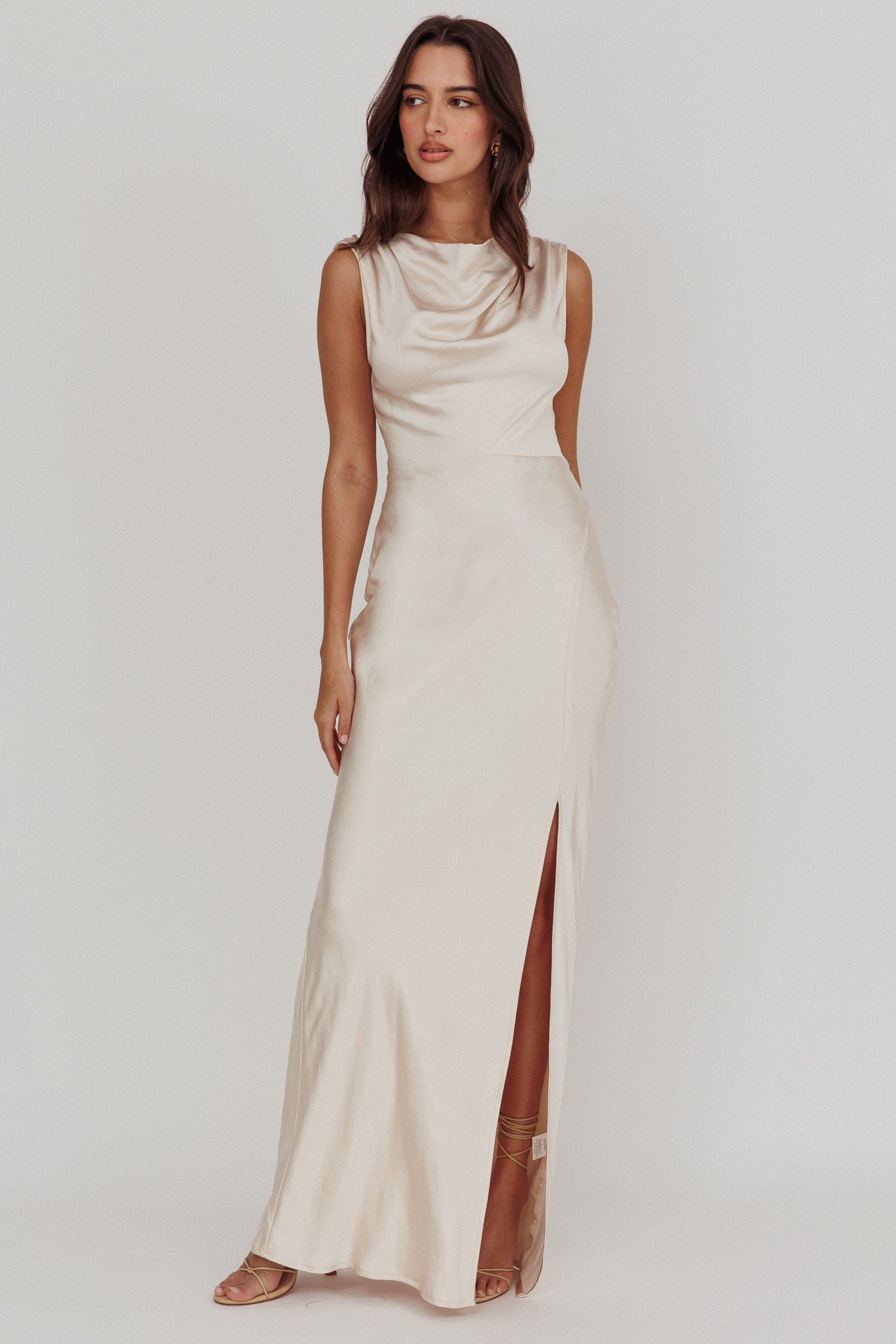 Jinora Cowl Neck Leg Slit Satin Maxi Dress by Selfie Leslie