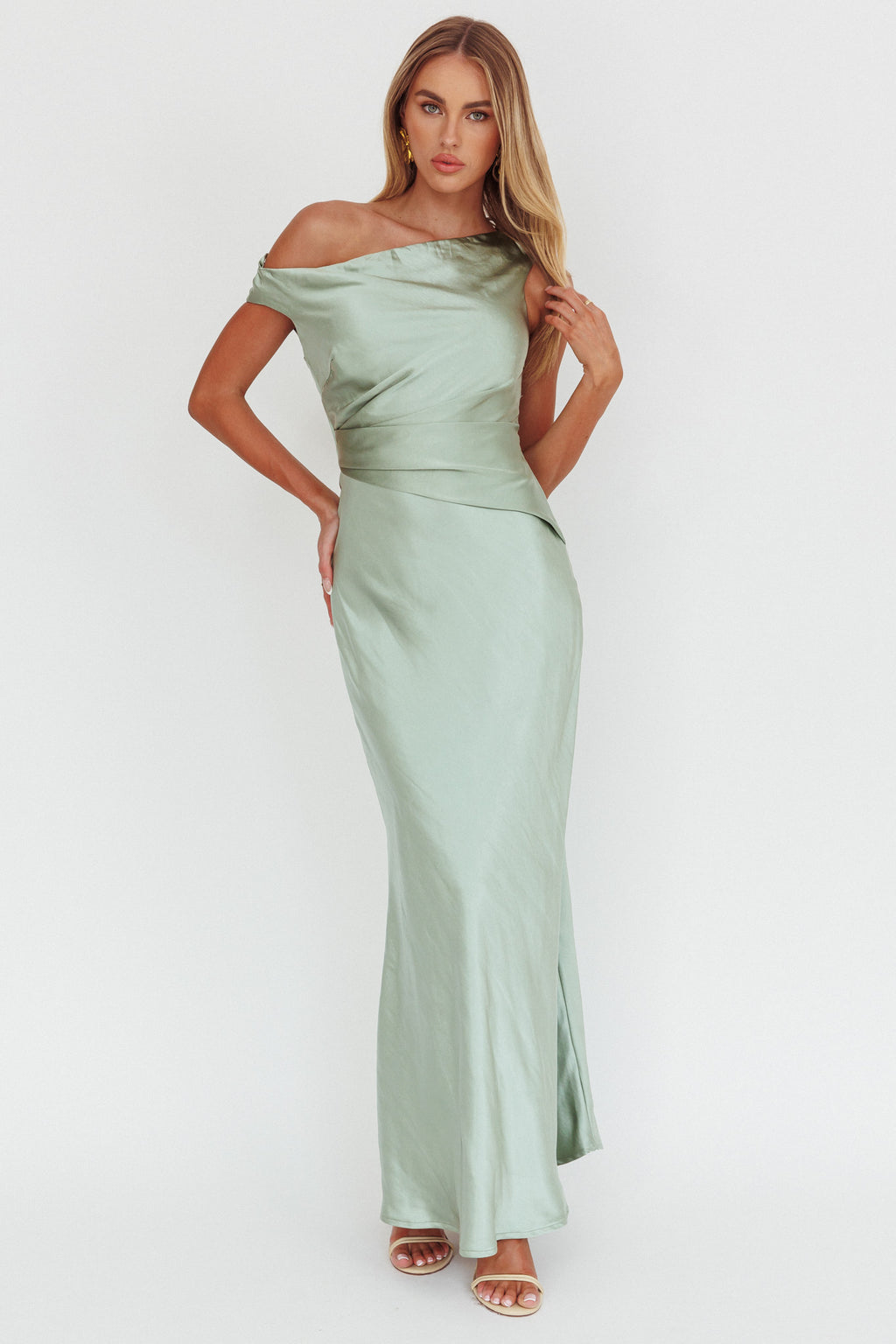 Twilight Asymmetric Neckline Maxi Dress Sage by Selfie Leslie