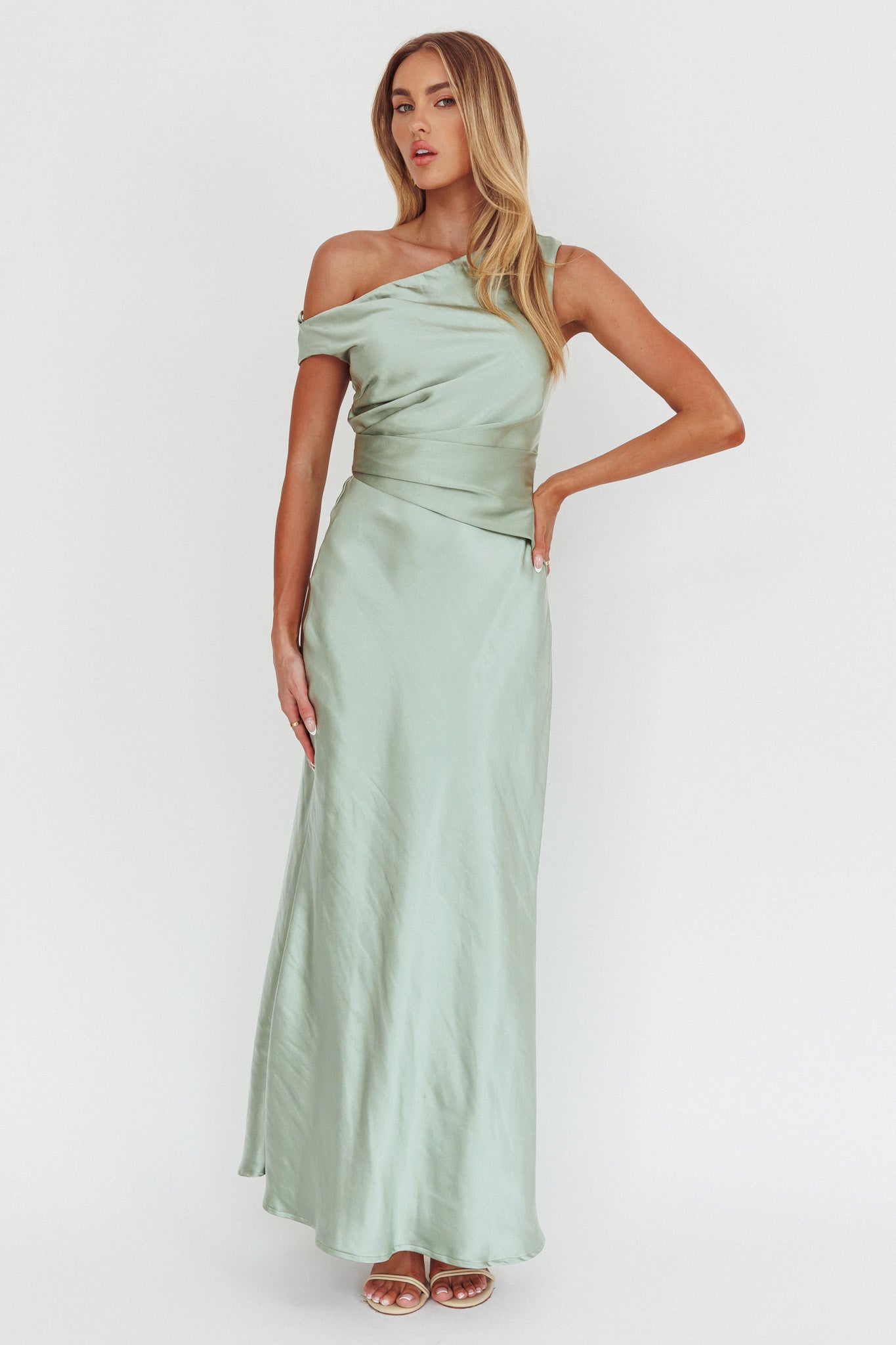Twilight Asymmetric Neckline Maxi Dress Sage by Selfie Leslie