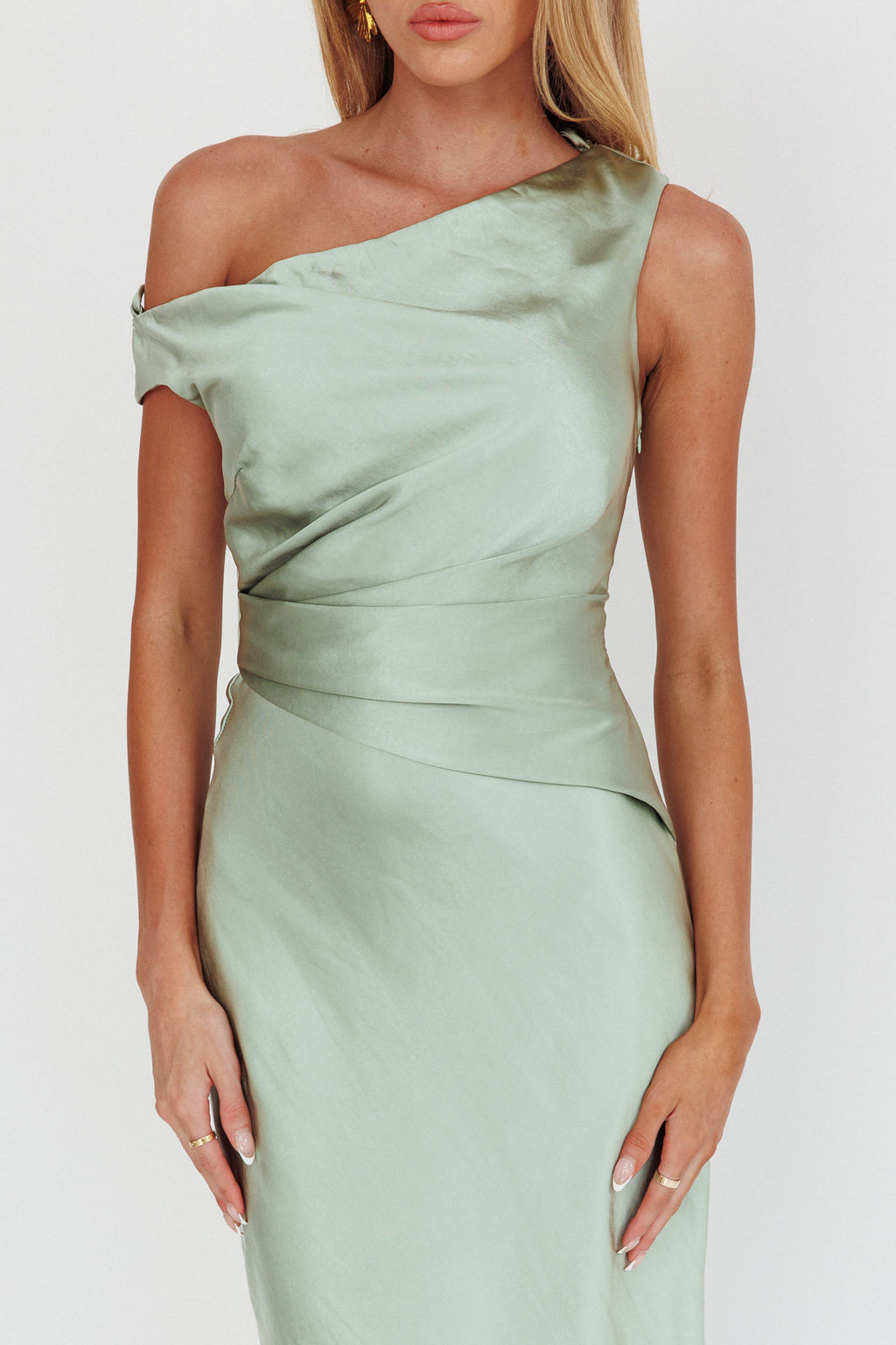 Twilight Asymmetric Neckline Maxi Dress Sage by Selfie Leslie