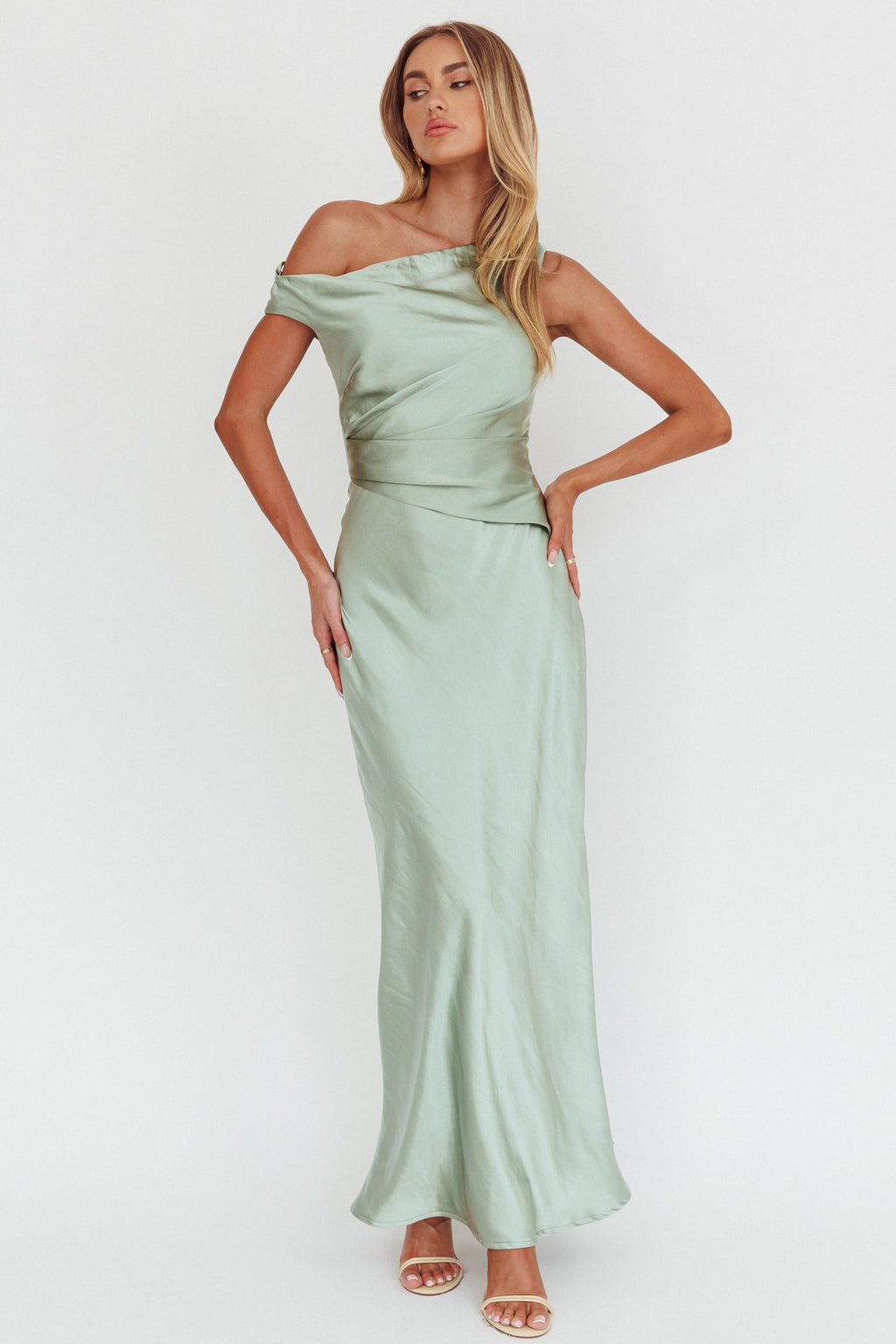 Twilight Asymmetric Neckline Maxi Dress Sage by Selfie Leslie