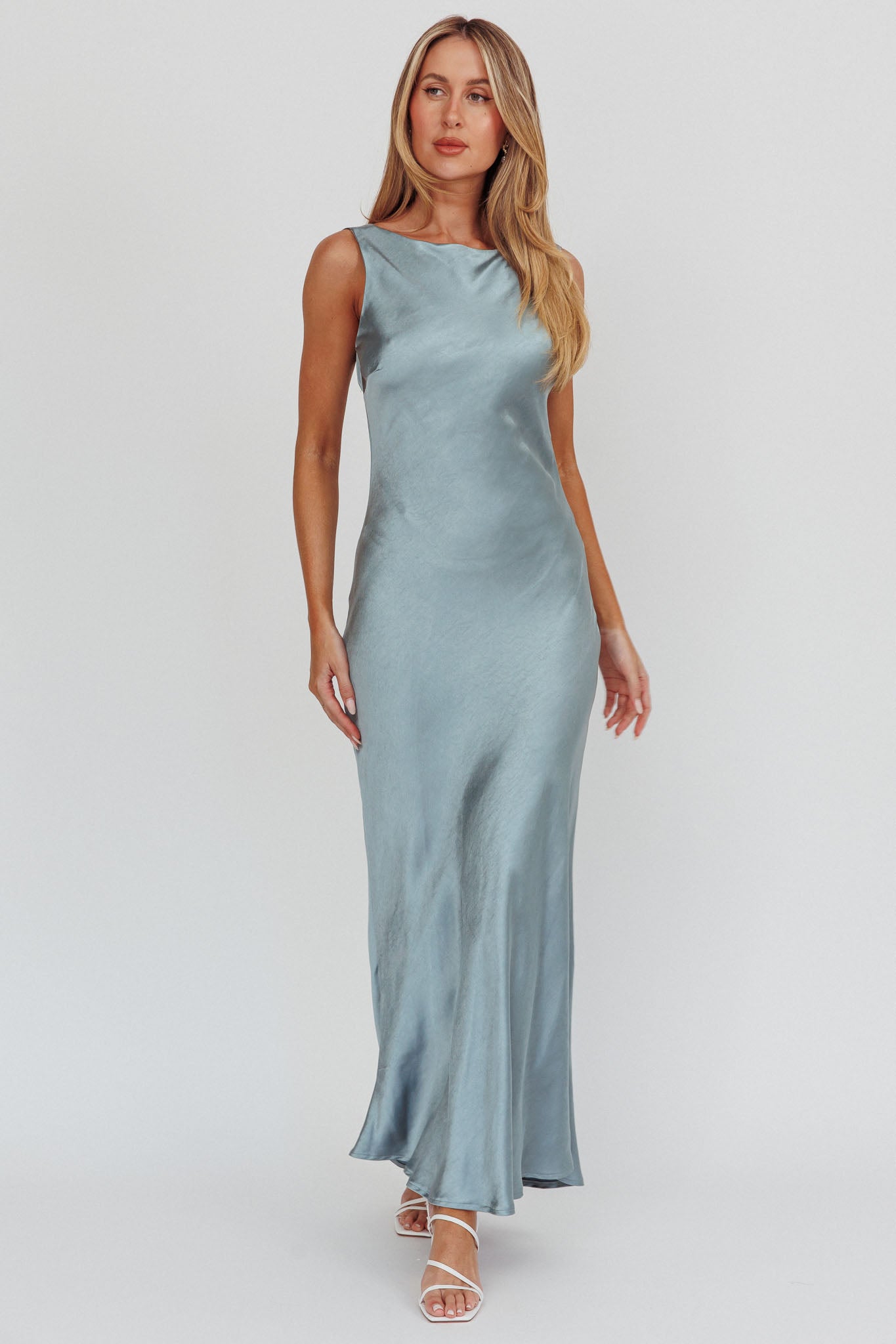 Carmine Satin Sleeveless Maxi Dress Blue by Selfie Leslie