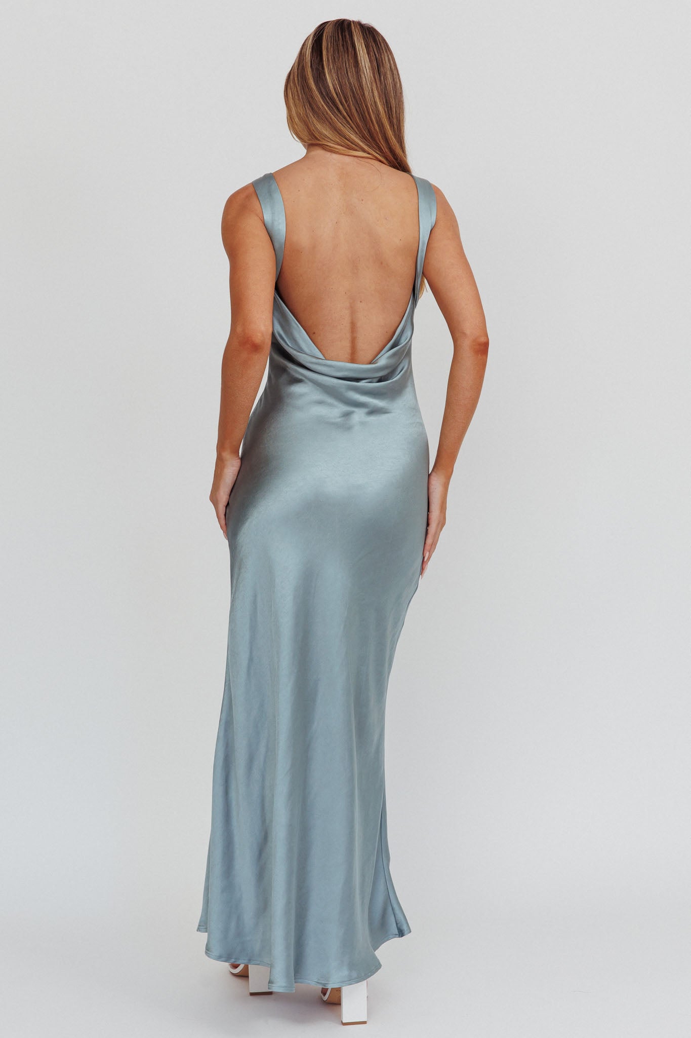 Carmine Satin Sleeveless Maxi Dress Blue by Selfie Leslie