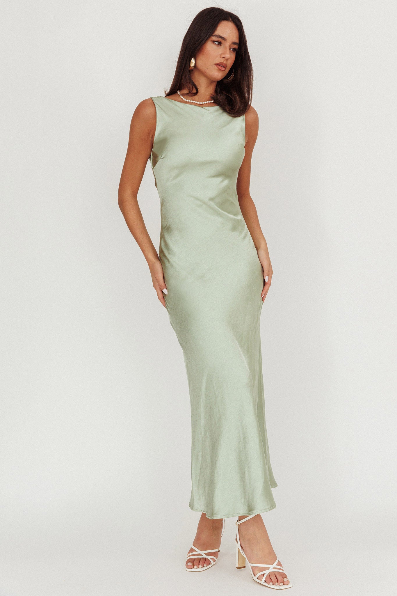 Carmine Satin Sleeveless Maxi Dress Sage by Selfie Leslie