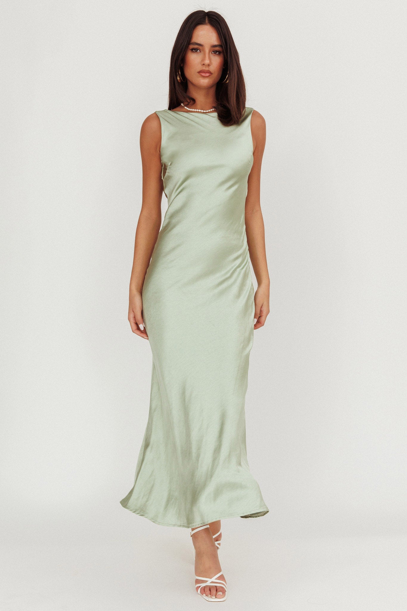 Carmine Satin Sleeveless Maxi Dress Sage by Selfie Leslie