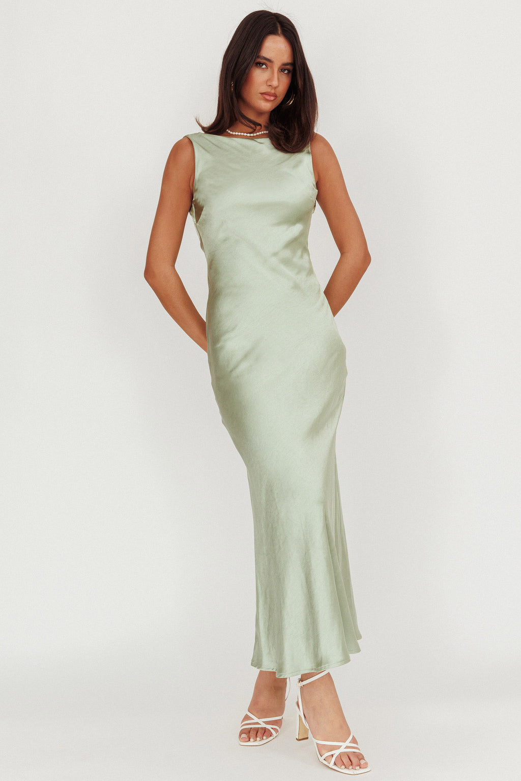 Carmine Satin Sleeveless Maxi Dress Sage by Selfie Leslie