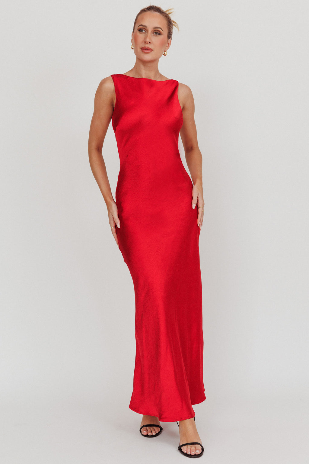 Carmine Satin Sleeveless Maxi Dress Wine by Selfie Leslie