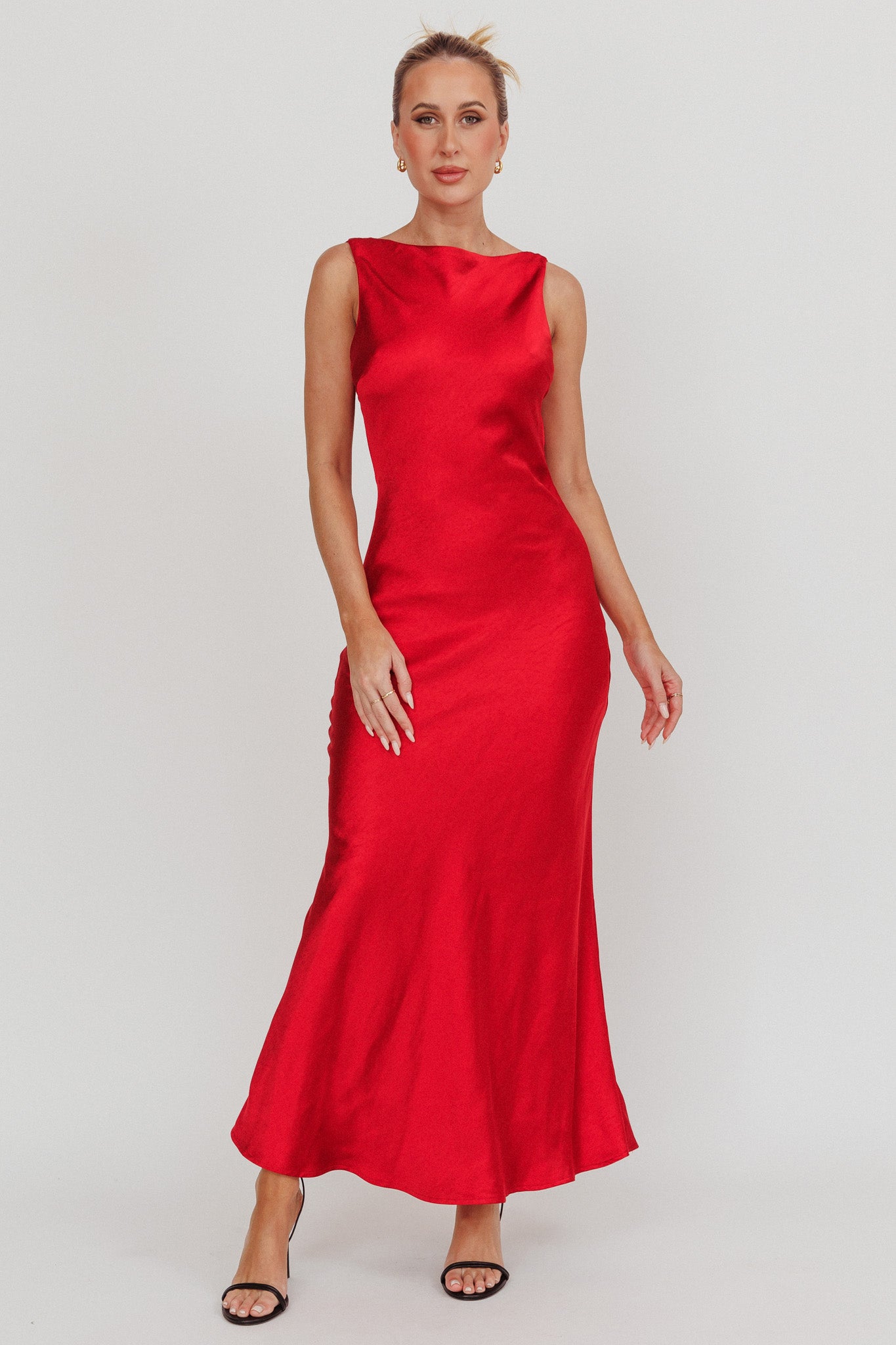 Carmine Satin Sleeveless Maxi Dress Wine by Selfie Leslie