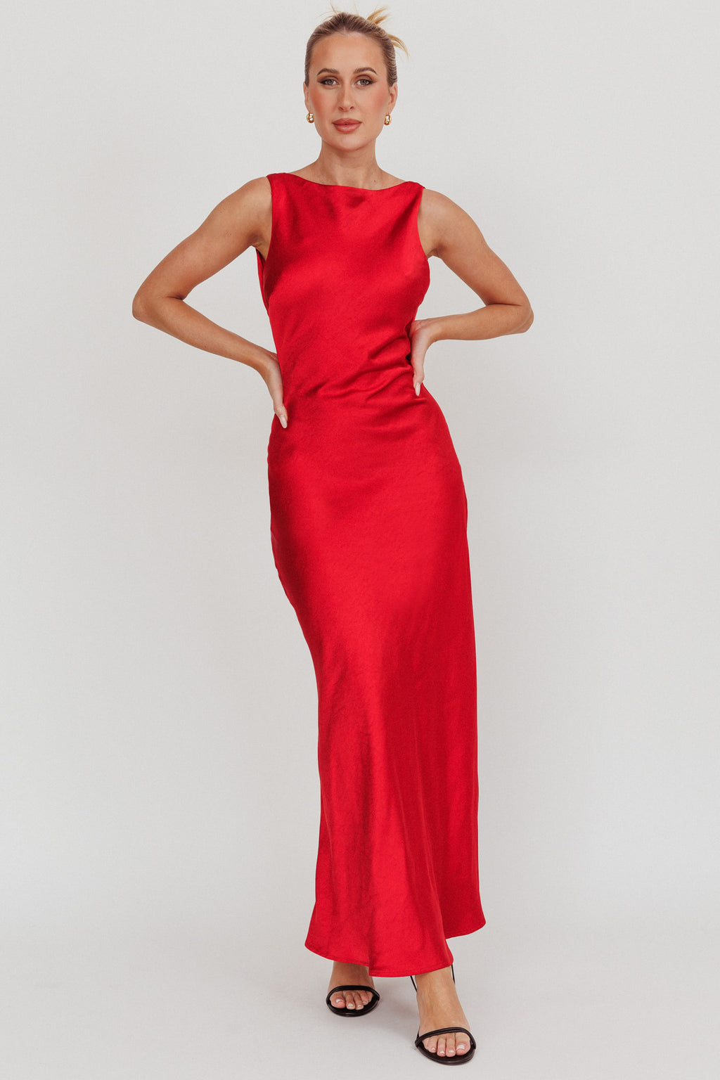 Carmine Satin Sleeveless Maxi Dress Wine by Selfie Leslie