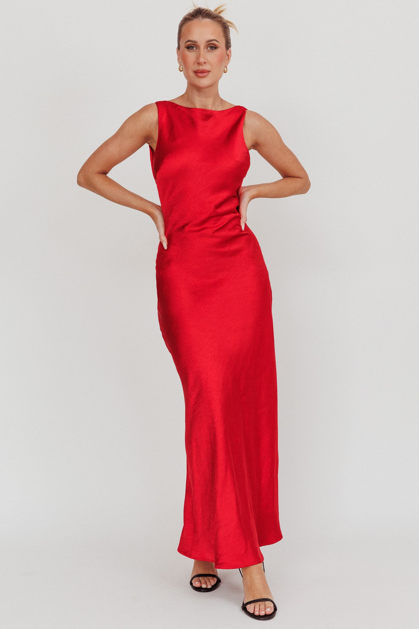 Carmine Satin Sleeveless Maxi Dress Wine by Selfie Leslie