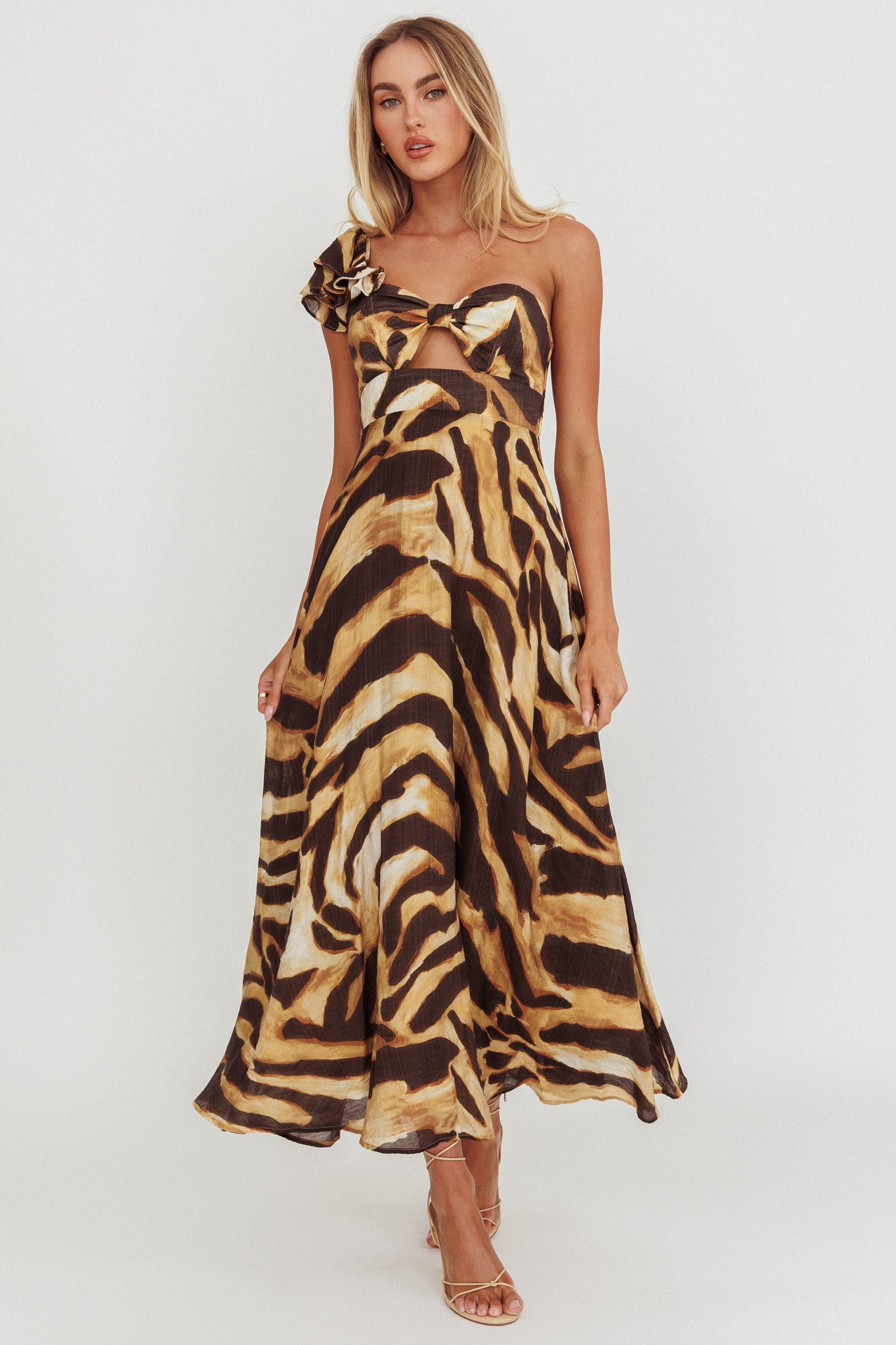 Skyla One Shoulder Ruffle Maxi Dress Leopard by Selfie Leslie
