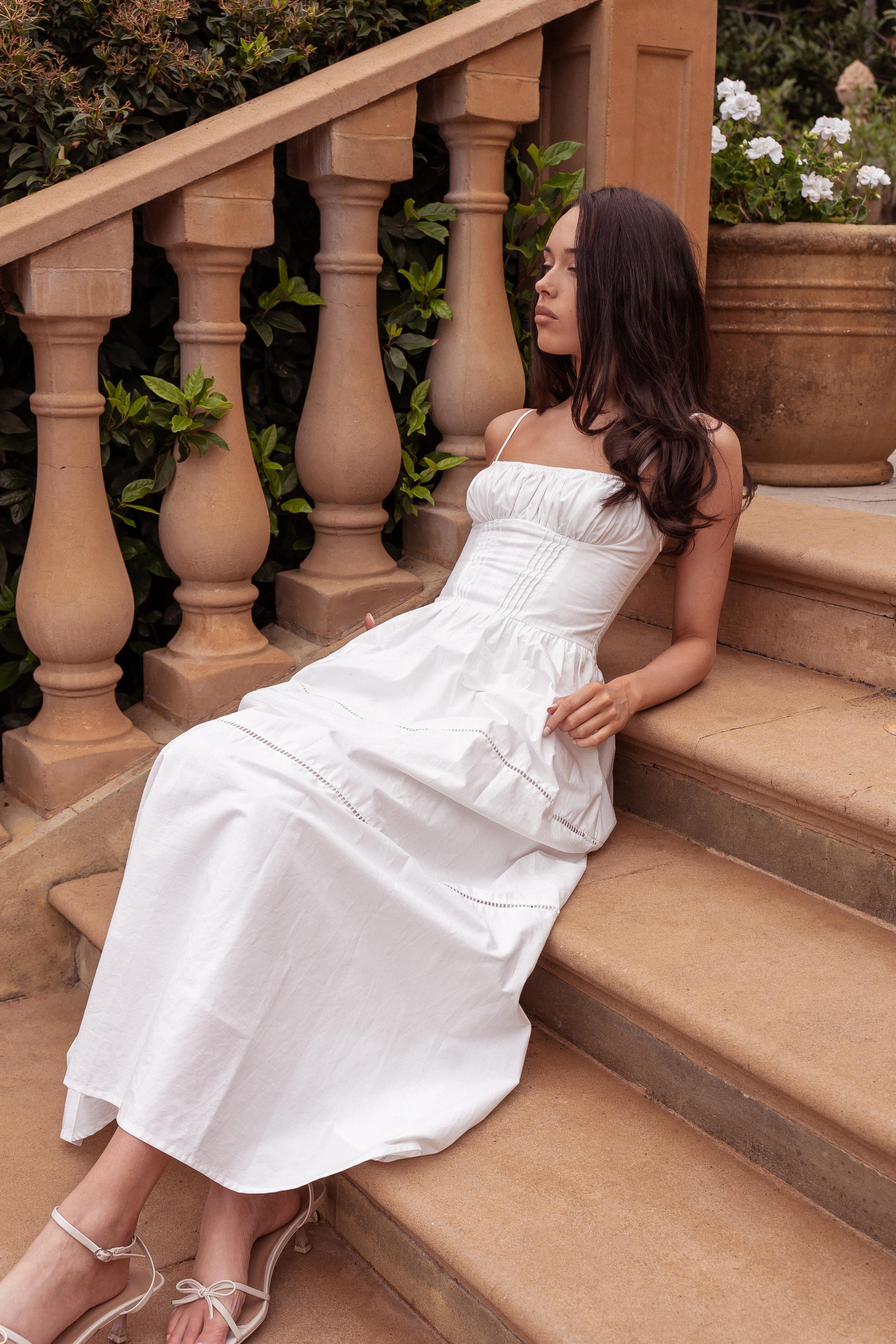 Heavenly Glow Gathered Bust A-Line Maxi Dress Off White– Selfie Leslie