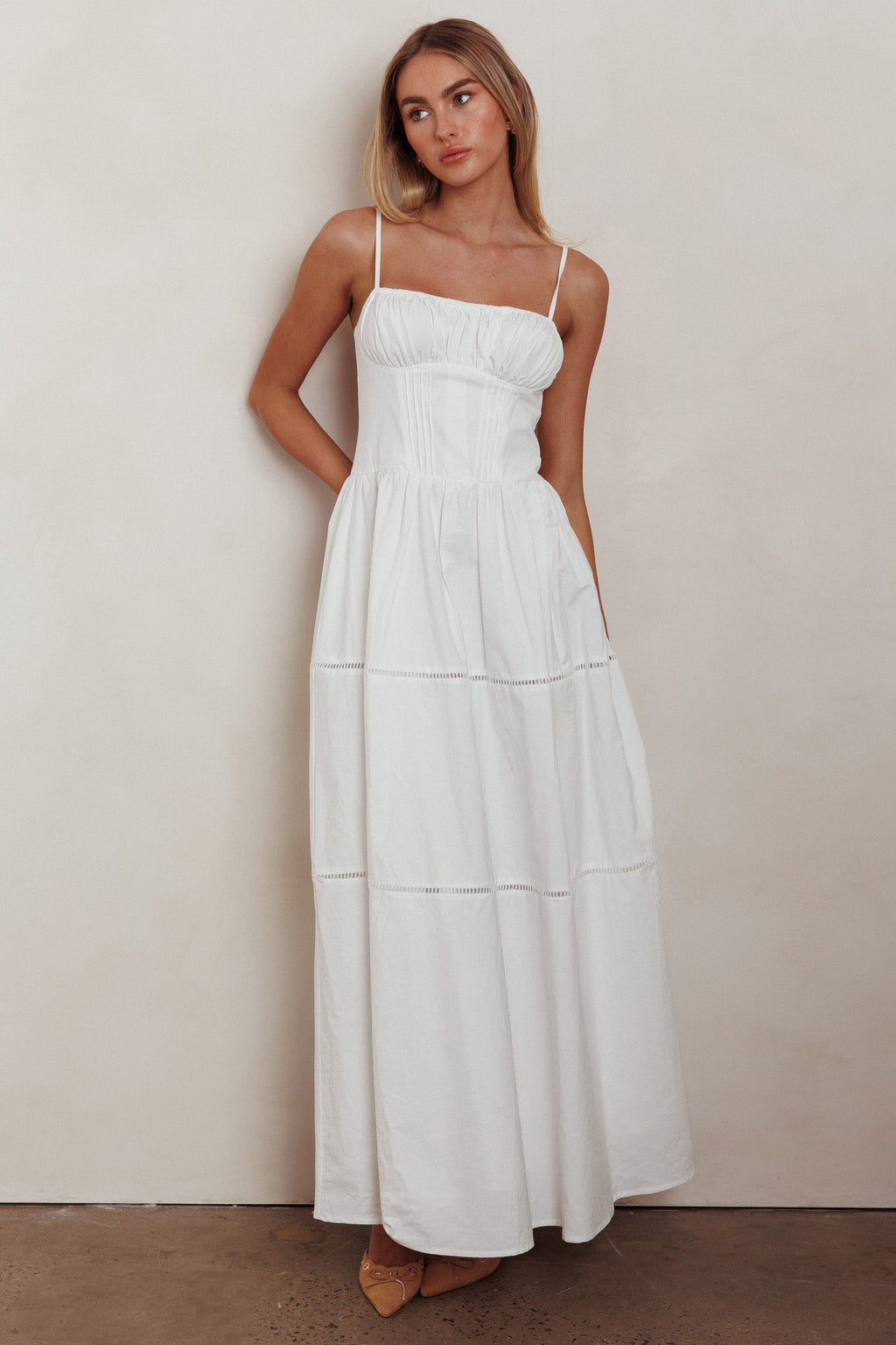Heavenly Glow Gathered Bust A-Line Maxi Dress Off White by Selfie Leslie