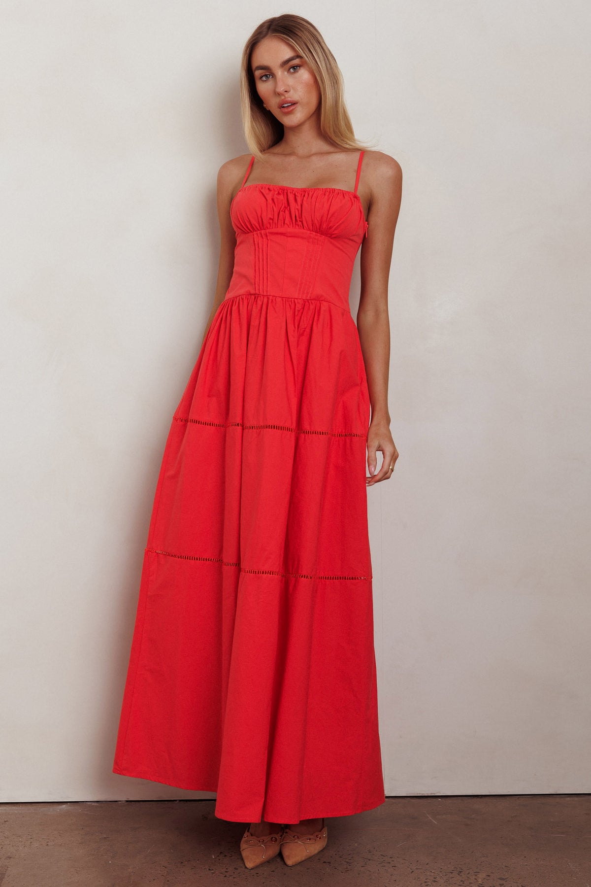 Heavenly Glow Gathered Bust A-Line Maxi Dress Red by Selfie Leslie