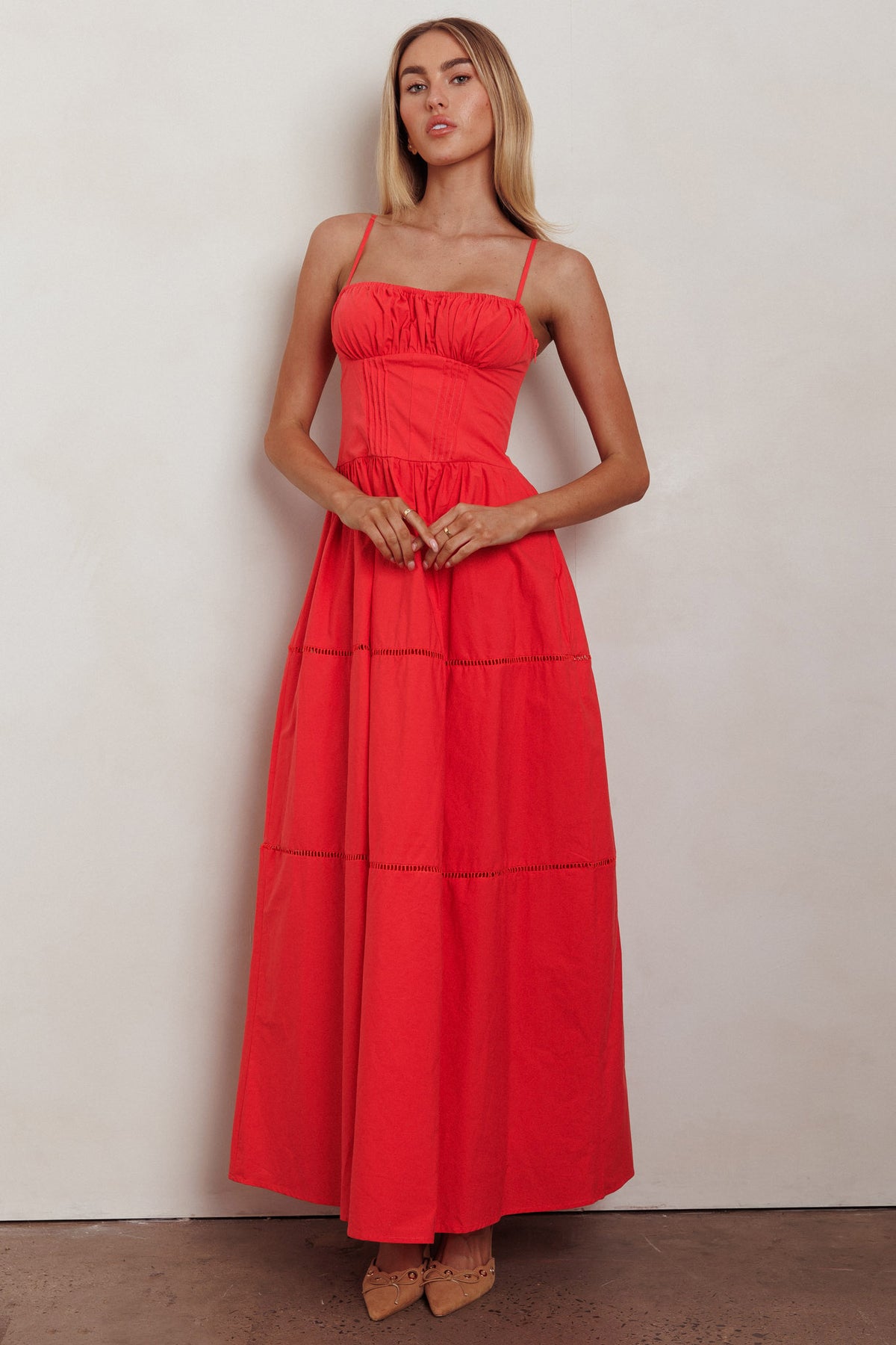 Heavenly Glow Gathered Bust A-Line Maxi Dress Red by Selfie Leslie