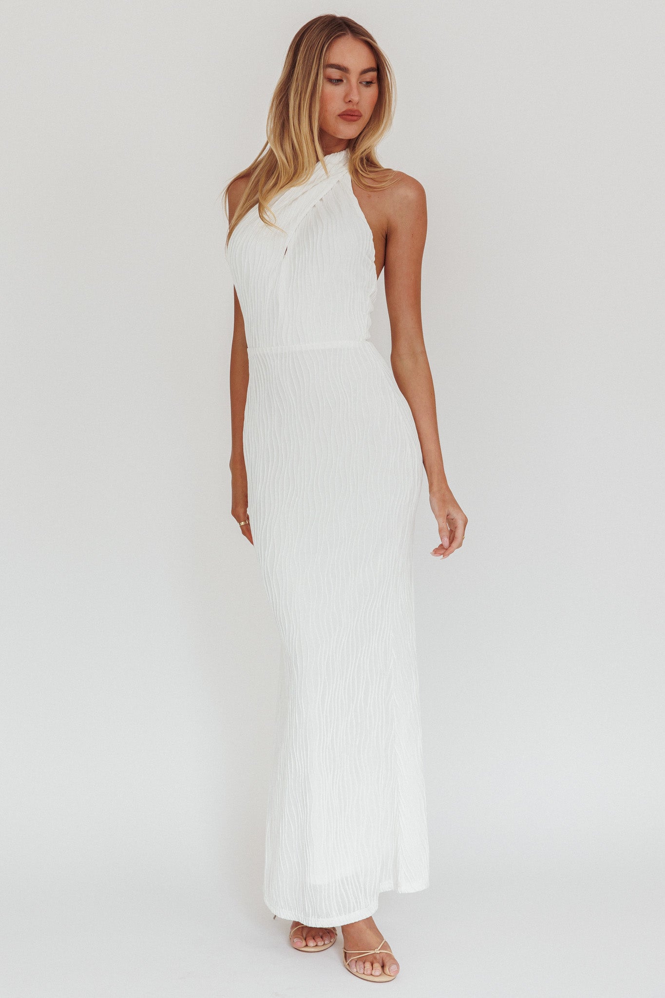 Lush Aura Crossover Halter Neck Maxi Dress White by Selfie Leslie