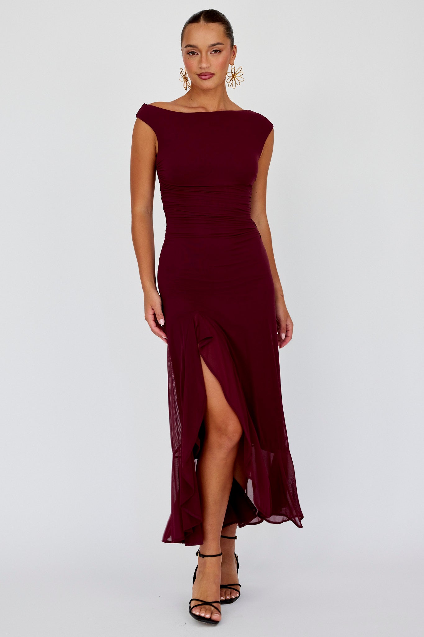 Moonlit Magic Asymmetric Neckline Maxi Dress Wine by Selfie Leslie