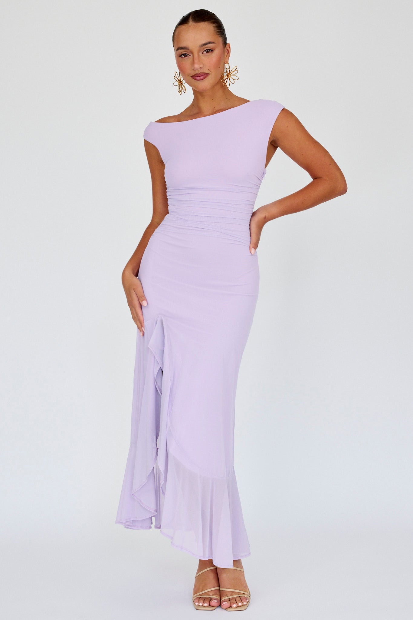 Moonlit Magic Asymmetric Neckline Maxi Dress Lilac by Selfie Leslie
