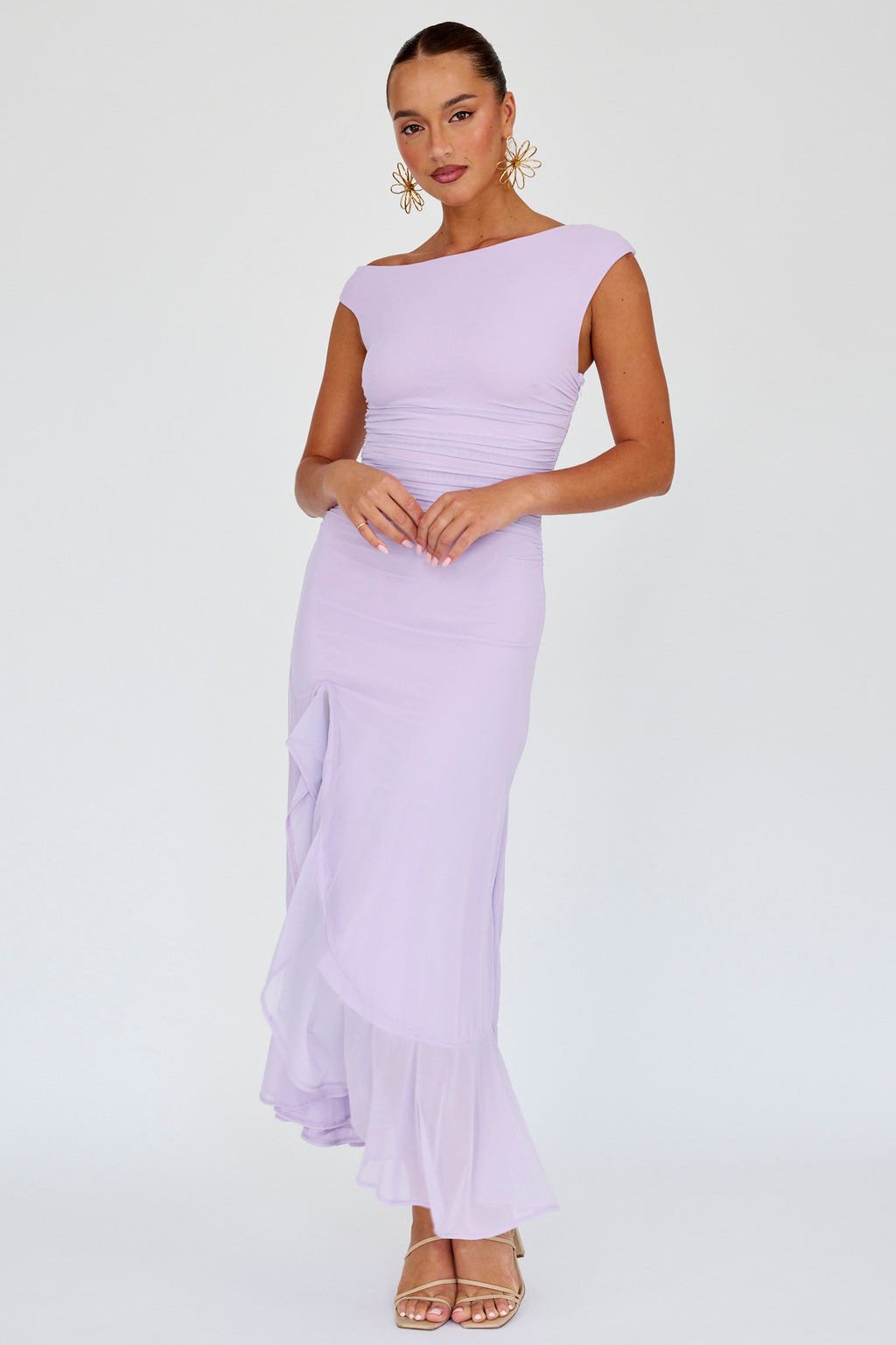 Moonlit Magic Asymmetric Neckline Maxi Dress Lilac by Selfie Leslie