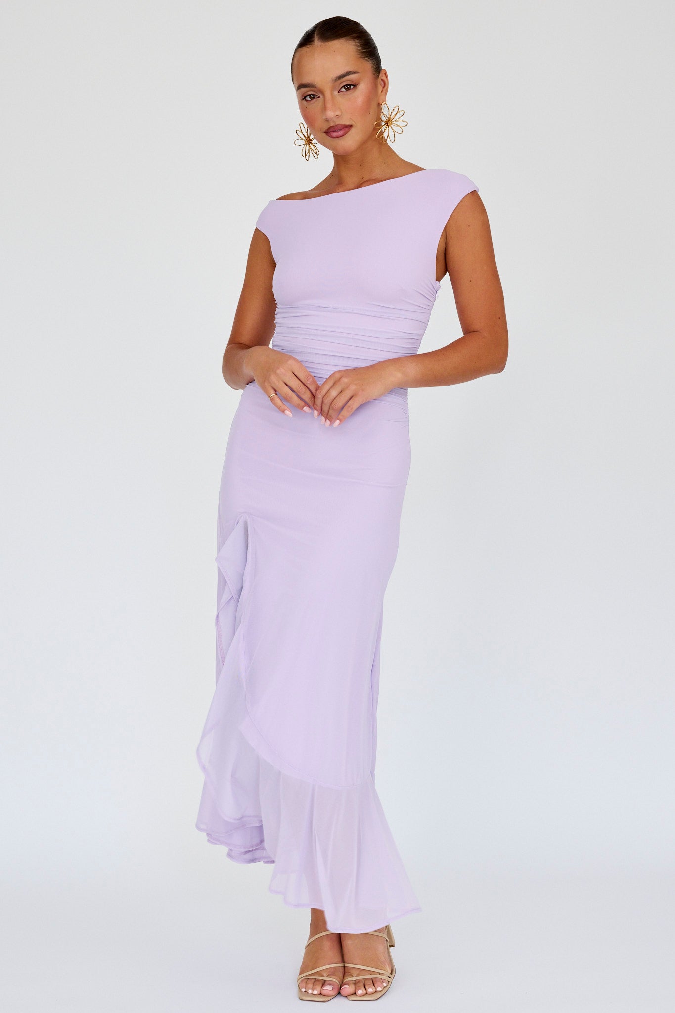 Moonlit Magic Asymmetric Neckline Maxi Dress Lilac by Selfie Leslie