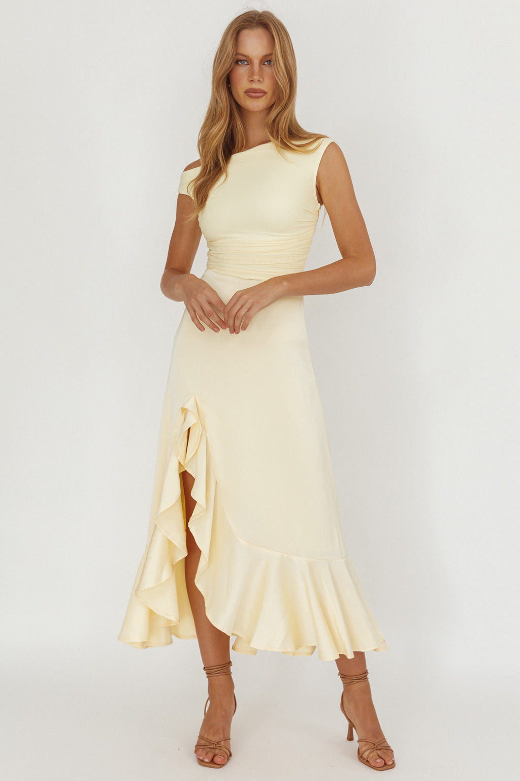 Moonlit Magic Asymmetric Neckline Satin Ruffle Dress Butter by Selfie Leslie