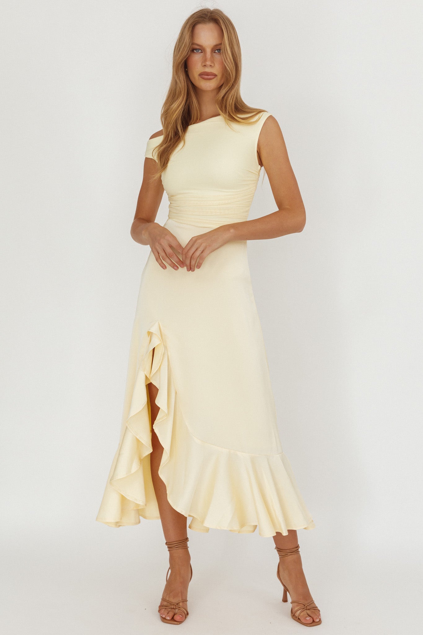 Moonlit Magic Asymmetric Neckline Satin Ruffle Dress Butter by Selfie Leslie