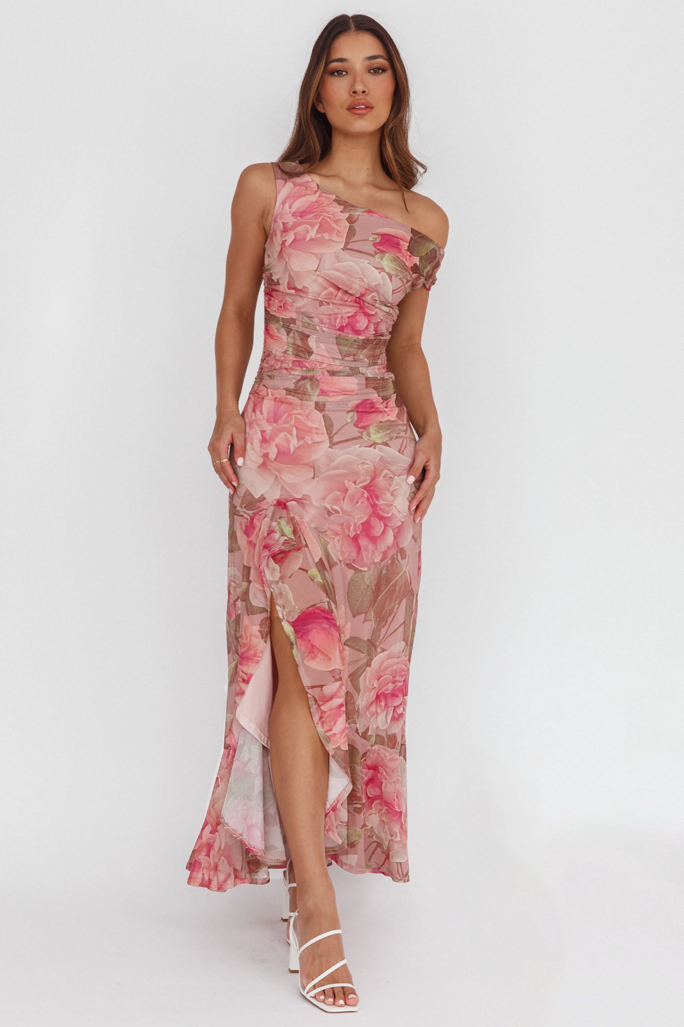 Moonlit Magic Asymmetric Neckline Maxi Dress Floral Blush by Selfie Leslie
