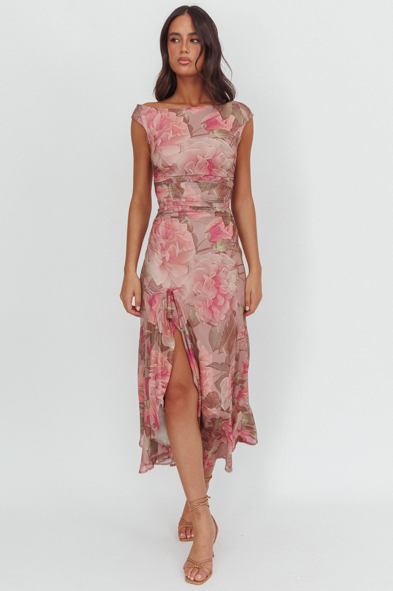 let me be blurred floral asymmetrical dress Lylah Asymmetric Neckline Mesh Maxi Dress Floral Blue main image 0