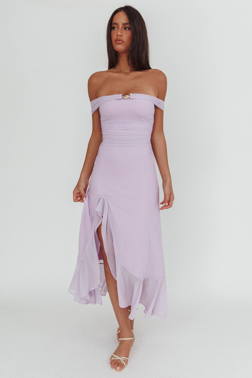 Moonlit Magic Off-Shoulder Split Maxi Dress Lilac by Selfie Leslie