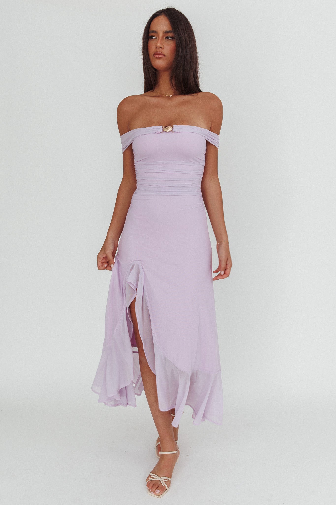 Moonlit Magic Off-Shoulder Split Maxi Dress Lilac by Selfie Leslie
