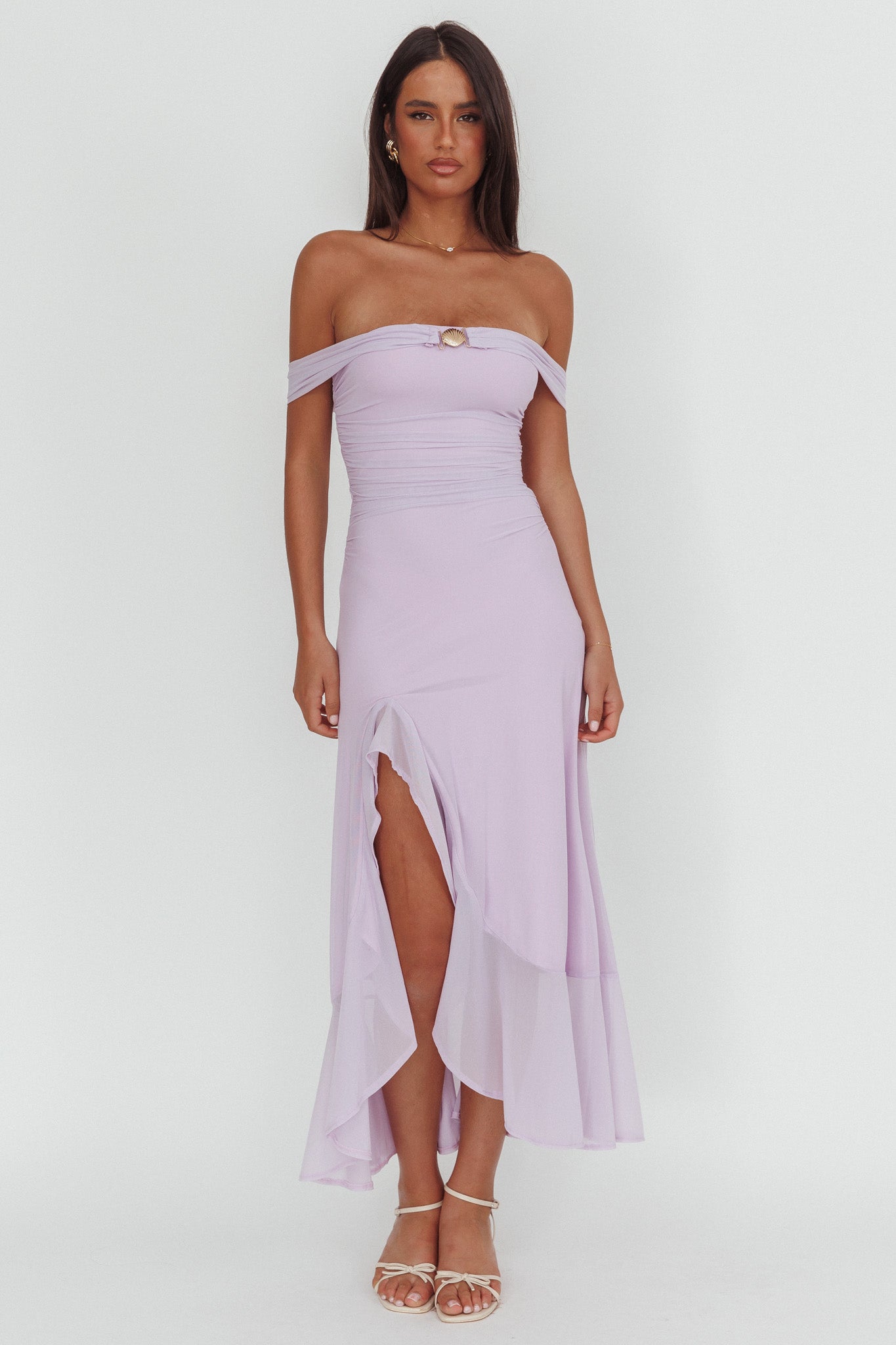 Moonlit Magic Off-Shoulder Split Maxi Dress Lilac | Selfie Leslie