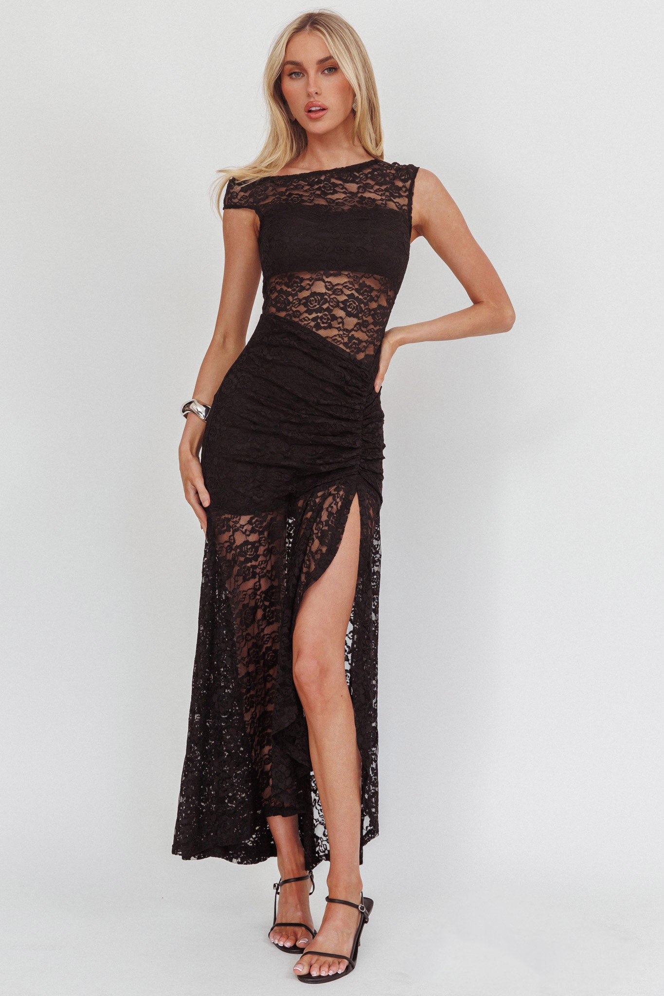 Moonlit Magic Asymmetric Neckline Lace Maxi Dress Black by Selfie Leslie