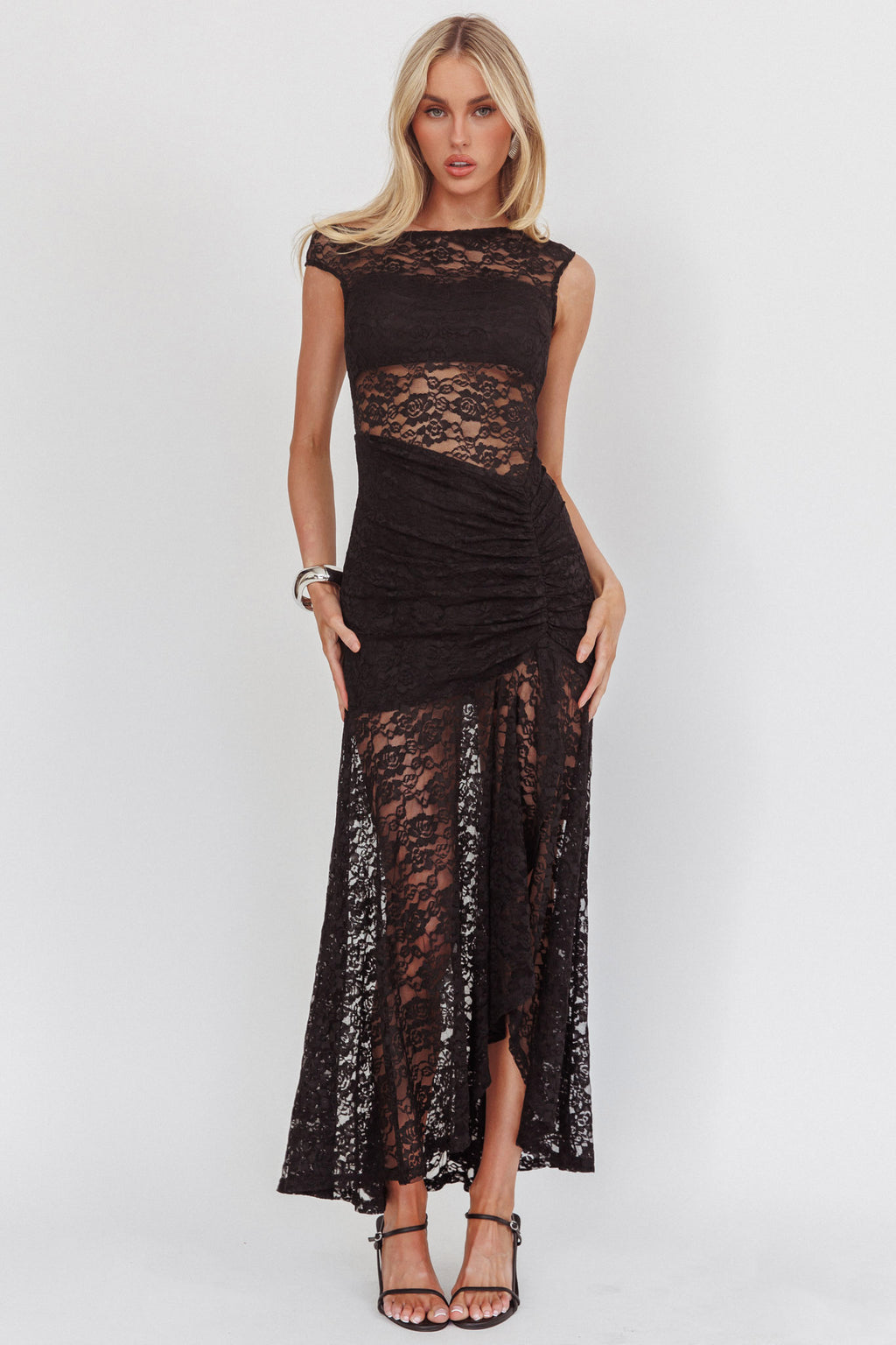 Moonlit Magic Asymmetric Neckline Lace Maxi Dress Black by Selfie Leslie