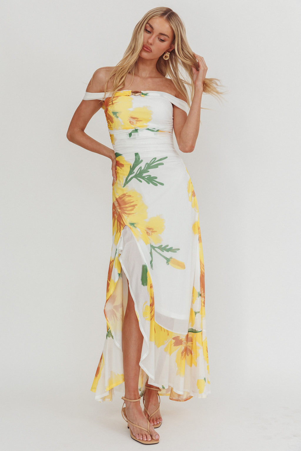 Moonlit Magic Off-Shoulder Split Maxi Dress Flower Yellow by Selfie Leslie