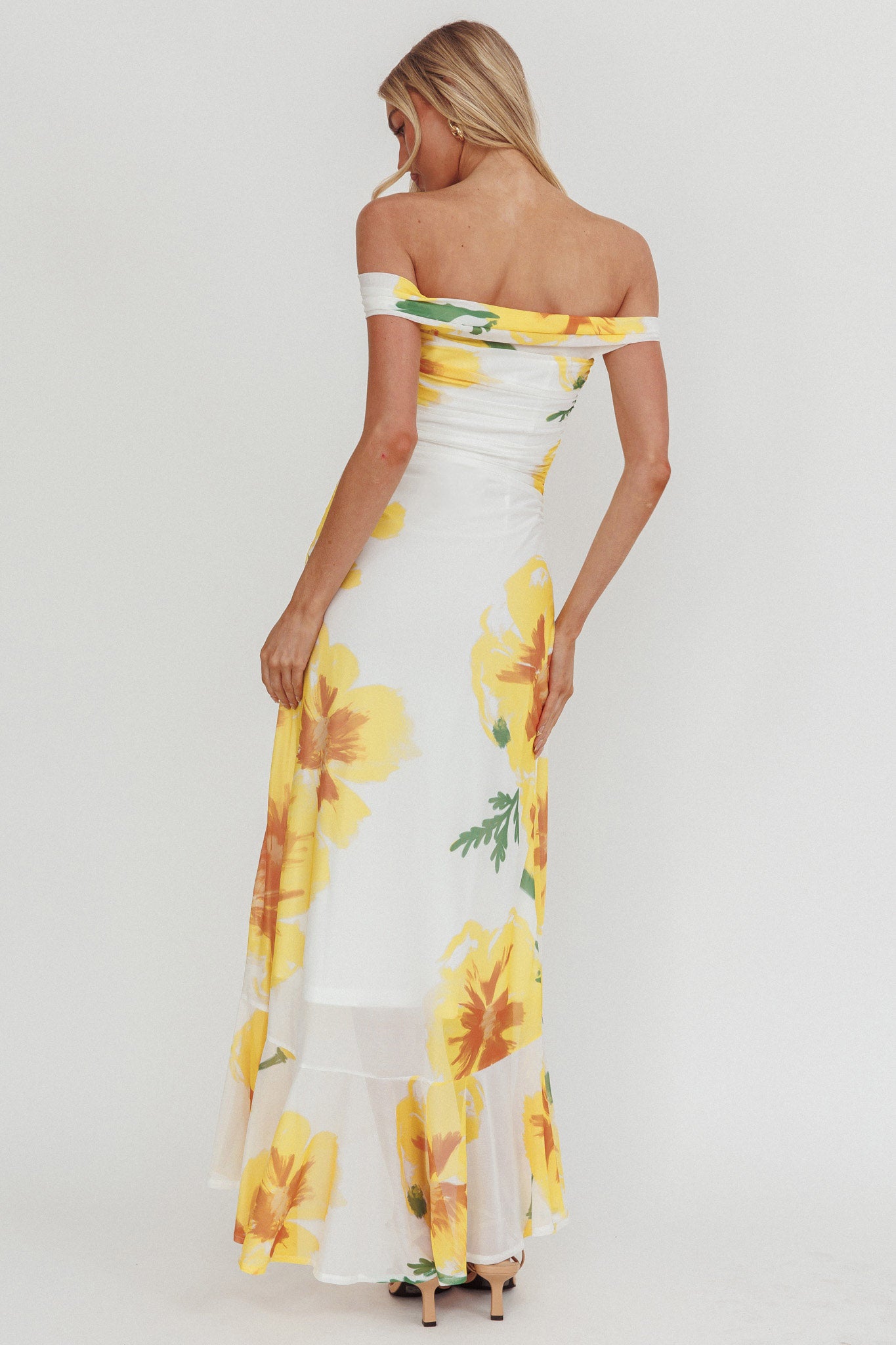 Moonlit Magic Off-Shoulder Split Maxi Dress Flower Yellow by Selfie Leslie