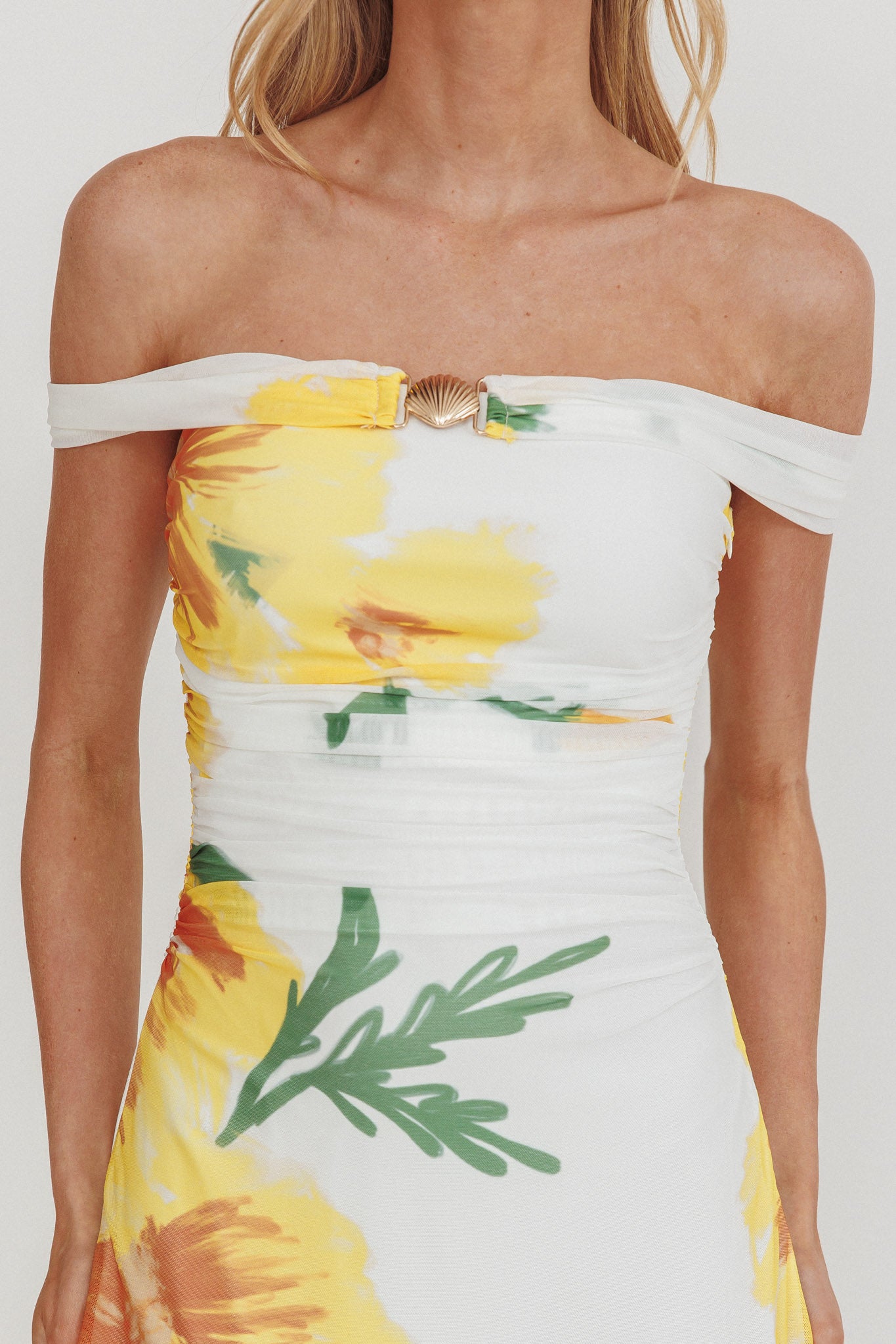 Moonlit Magic Off-Shoulder Split Maxi Dress Flower Yellow by Selfie Leslie