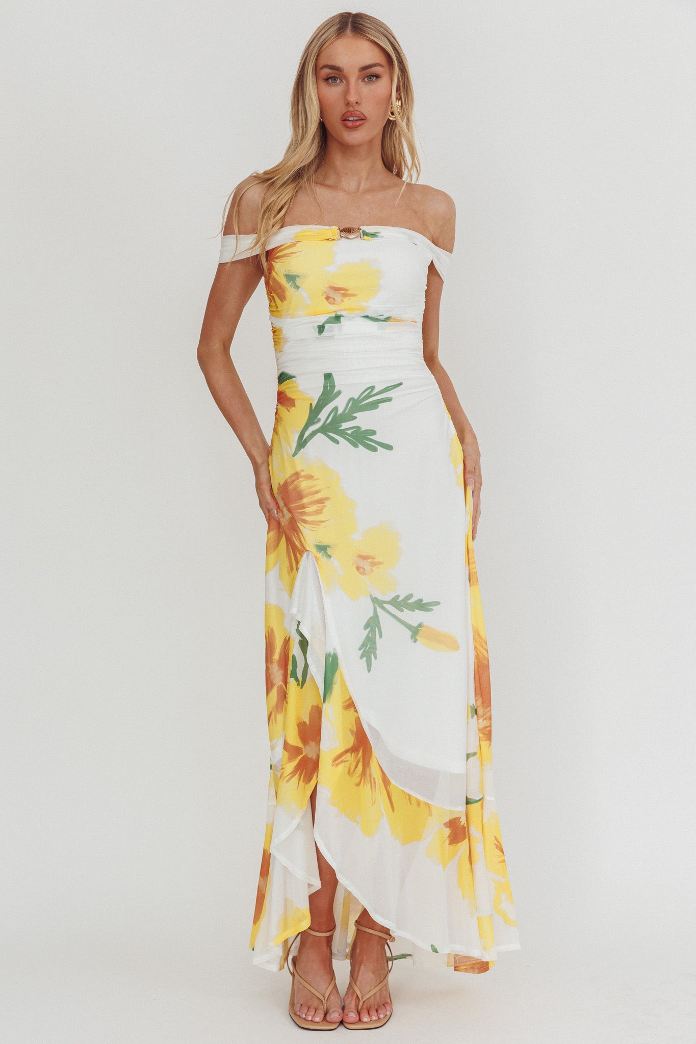 Moonlit Magic Off-Shoulder Split Maxi Dress Flower Yellow by Selfie Leslie