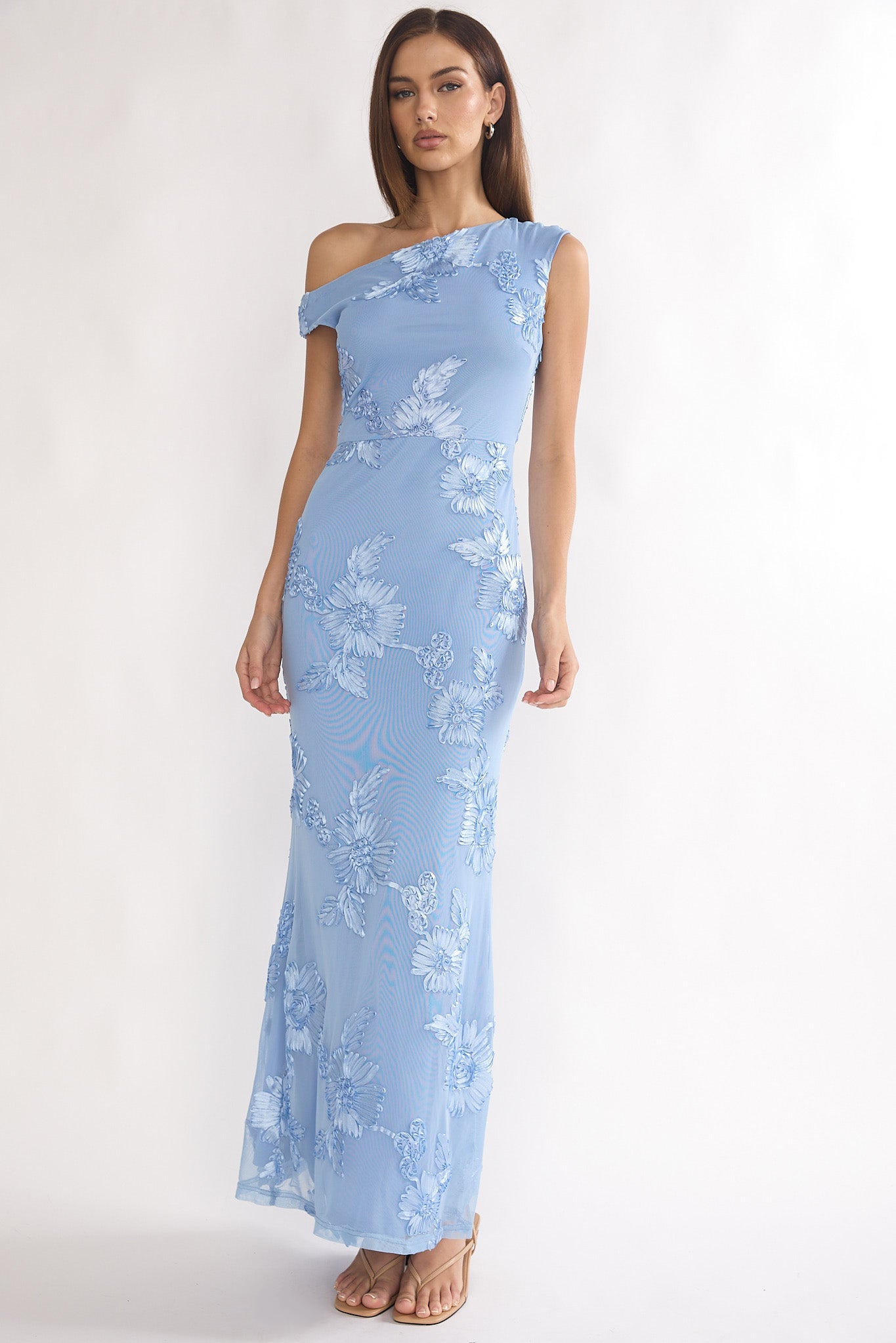 embellished asymmetric maxi dress Moonlit Magic Asymmetric Neckline Embellished Maxi Dress Blue
