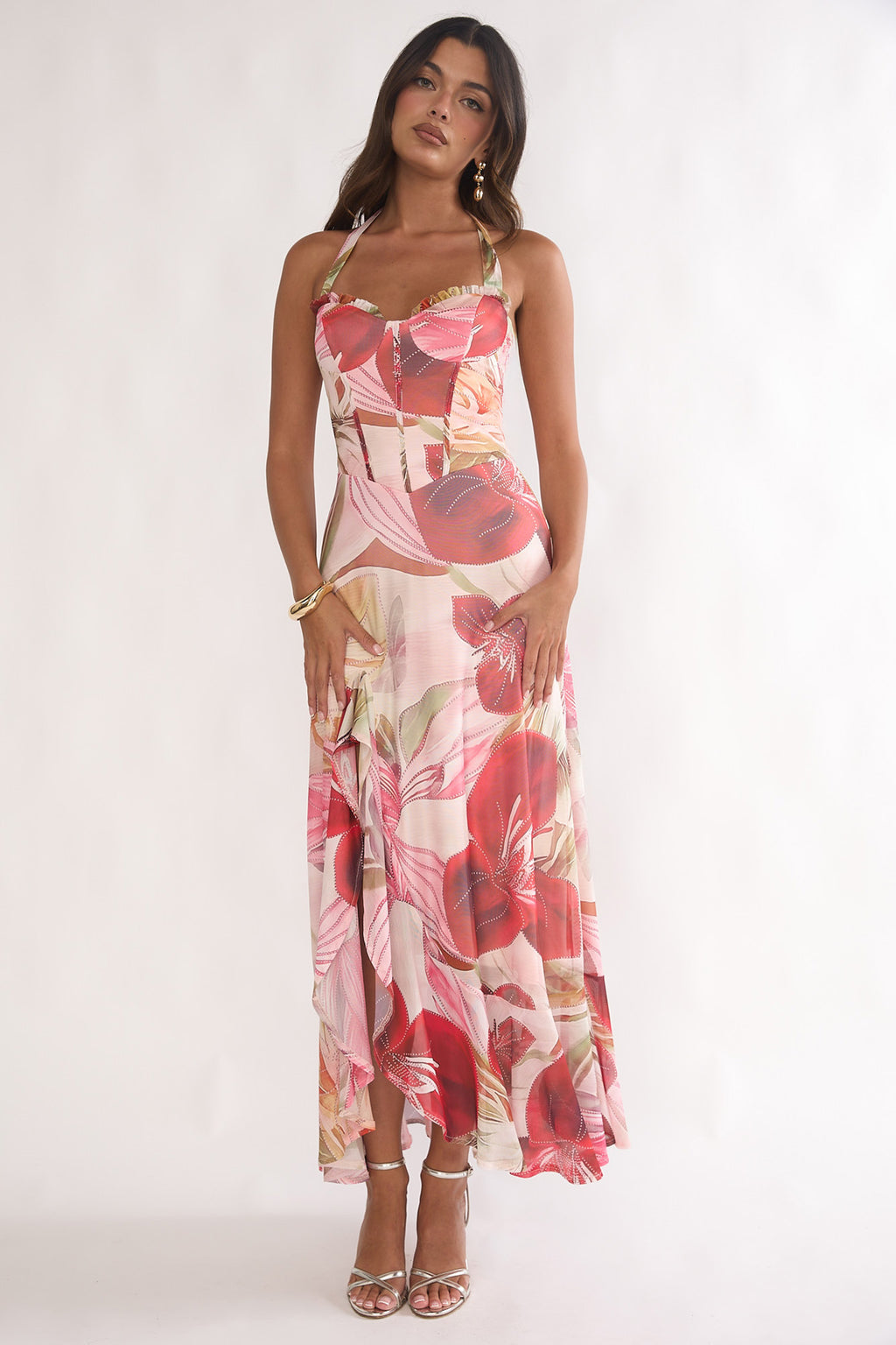 Moonlit Magic Halterneck Split Maxi Dress Floral Red by Selfie Leslie