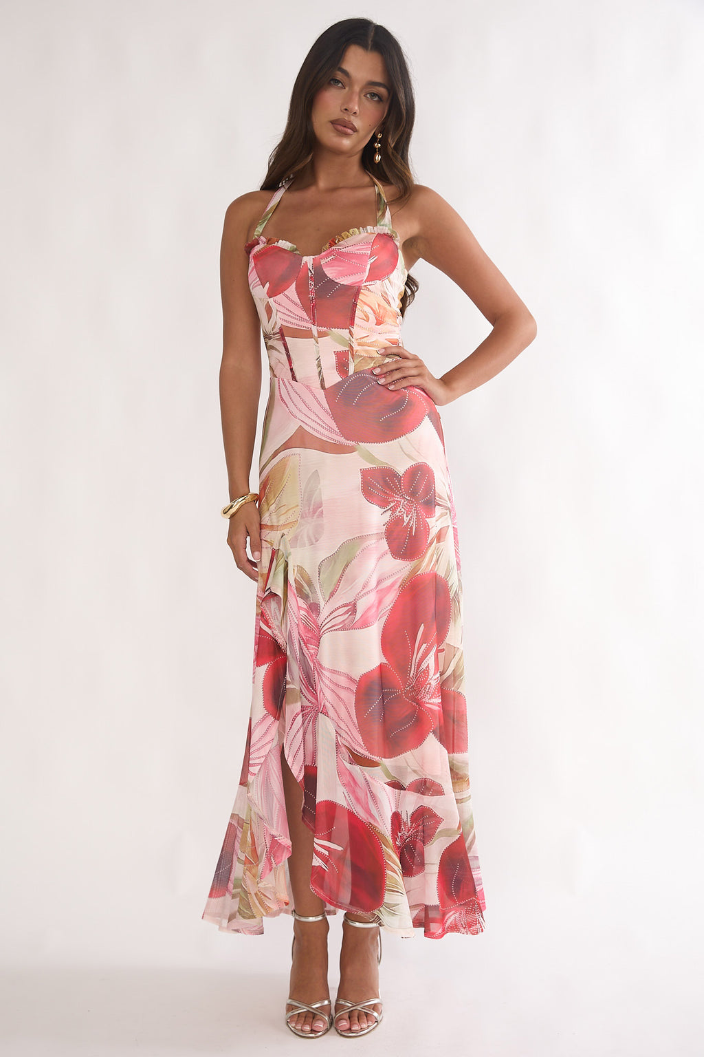 Moonlit Magic Halterneck Split Maxi Dress Floral Red by Selfie Leslie